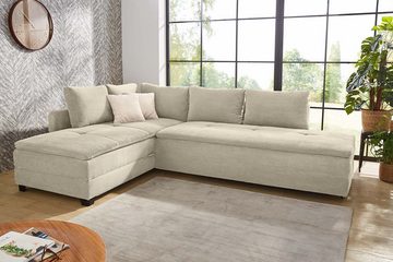 luma-home Ecksofa 15161, Dauerschläfer 307x223 cm, Schwenkteil L/R, Bettkasten, Nachtkonsole, Boxspring, Federkern, Wellenunterfederung, Topper, Bezug Cord Beige Grau