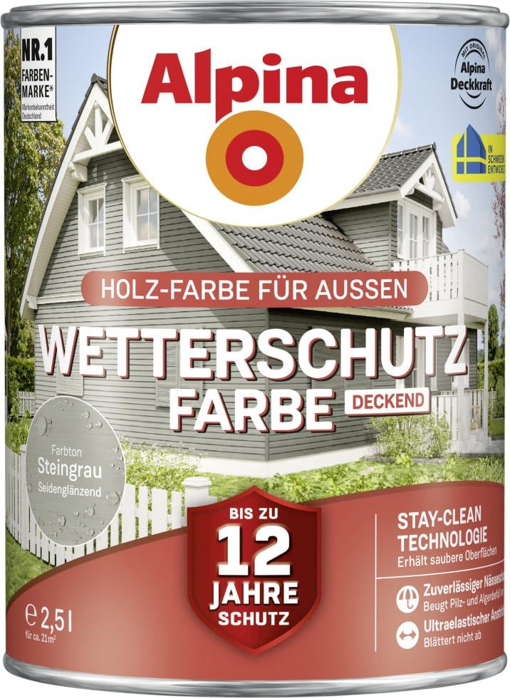 Alpina Holzschutzlasur Alpina Wetterschutzfarbe 2,5 L steingrau – Bild 2 von 4