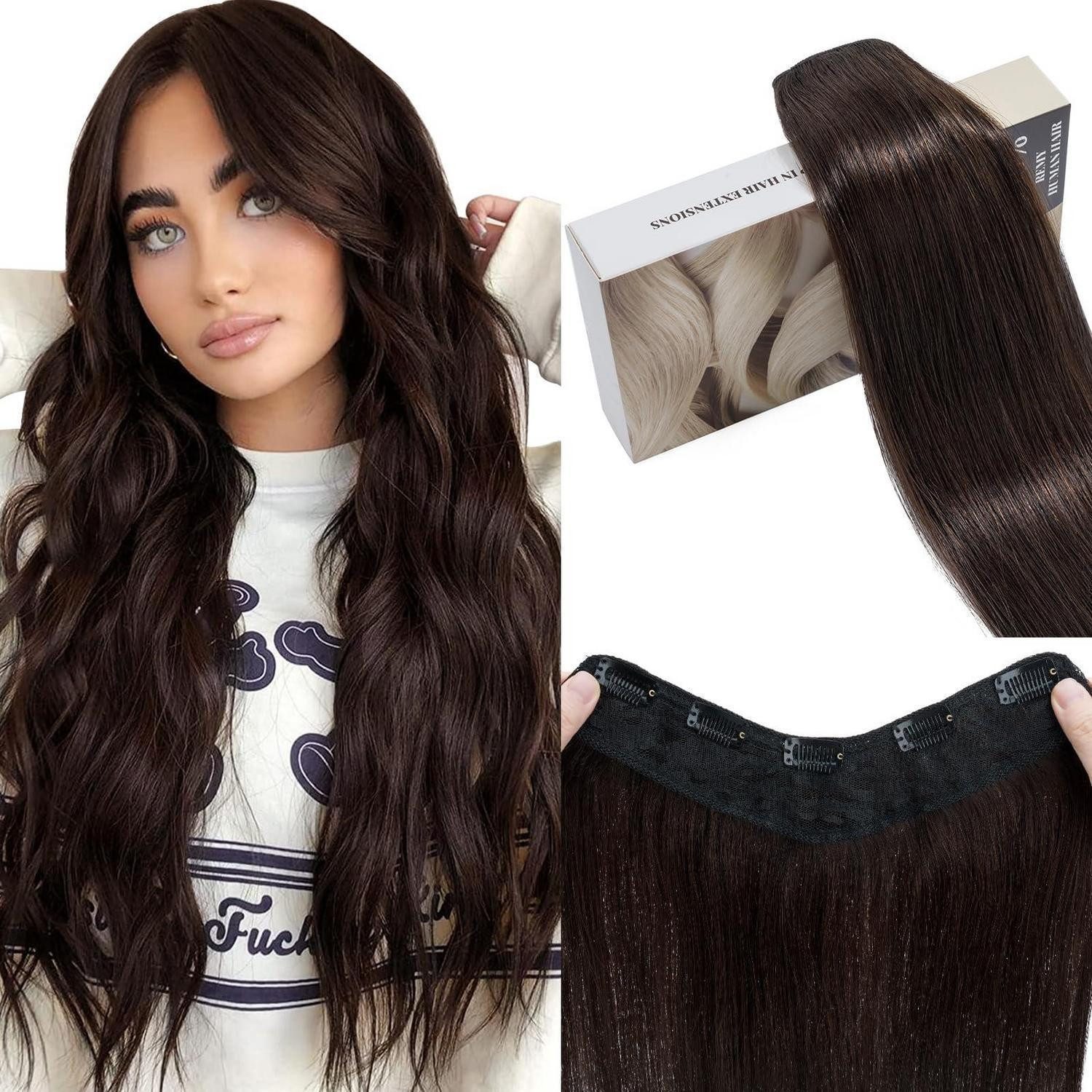 LuxusKollektion Echthaar-Extension Extensions Clip Echthaar Tresse Invisible 50 cm 70 g 2 Dunkelbraun