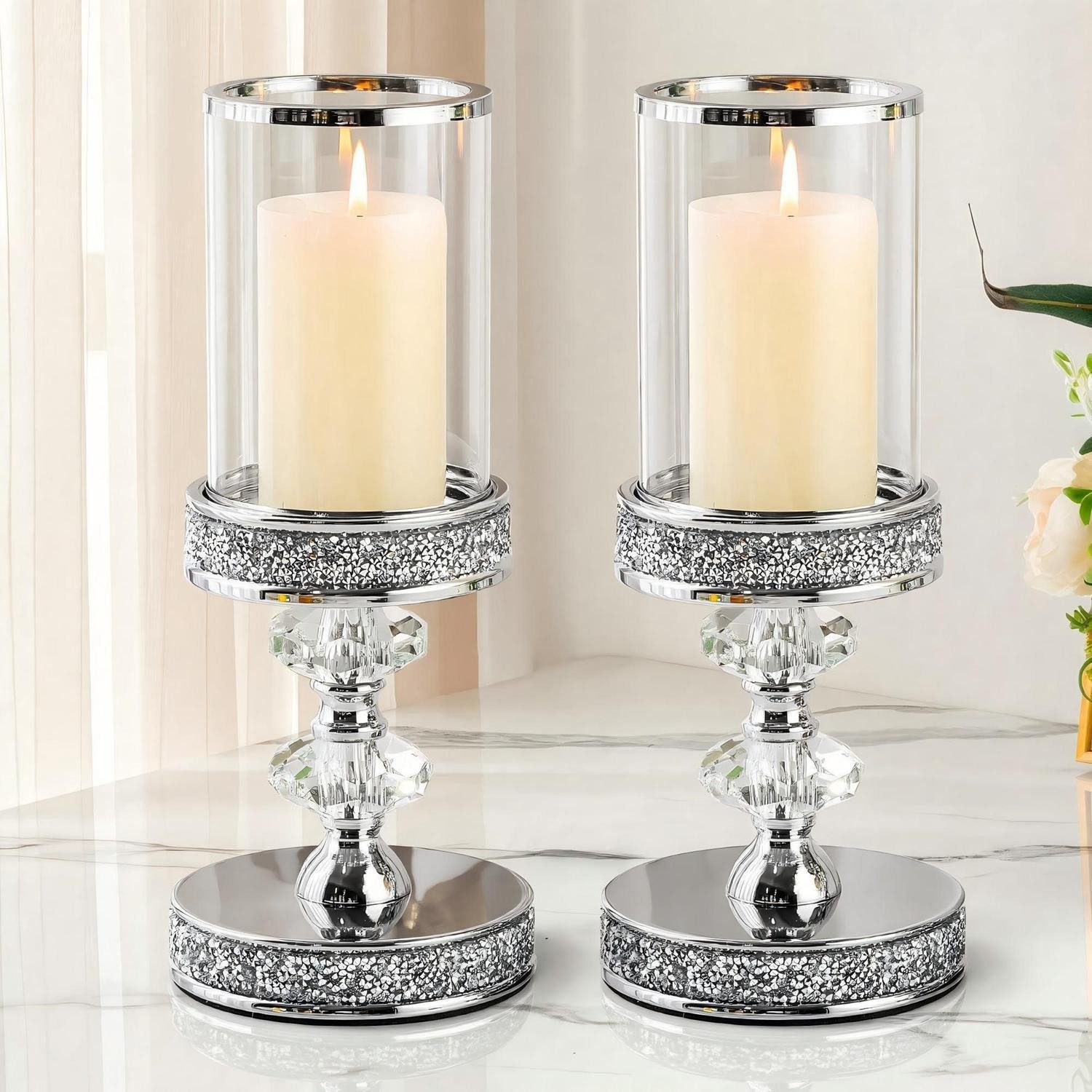LuxusKollektion Kerzenständer Kristall-Stumpenkerzenhalter Silber groß 2Stk (2 St)