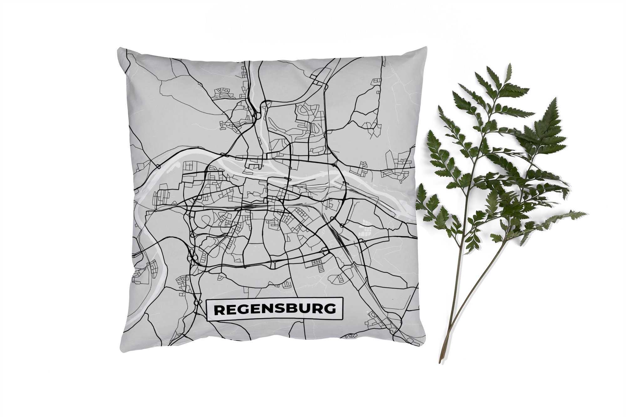 MuchoWow Dekokissen Deutschland - Karte - Regensburg - Karte - Stadtplan, Zierkissen mit Füllung für Wohzimmer, Schlafzimmer, Deko, Sofakissen