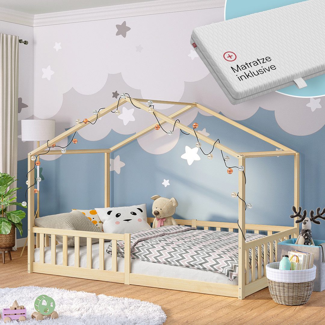 Bellabino Hausbett Kinderbett Bia mit Lattenrost (natur, mit Matratze), Bodenbett mit Rausfallschutz, verfügbar in 80x160 & 90/120/140x200 cm