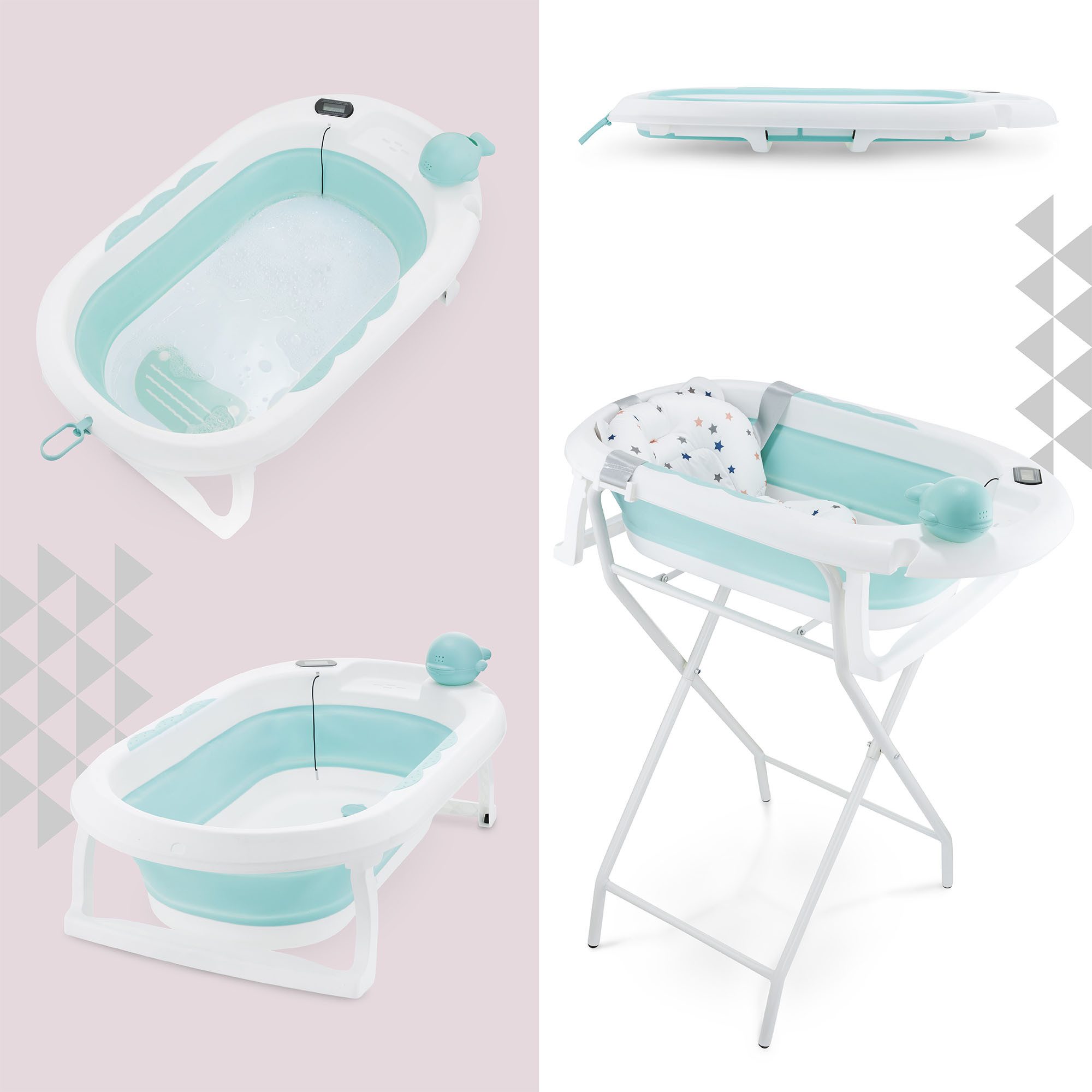 Babybadewanne Faltbare Babywanne mit Thermometer und Ständer - Mint