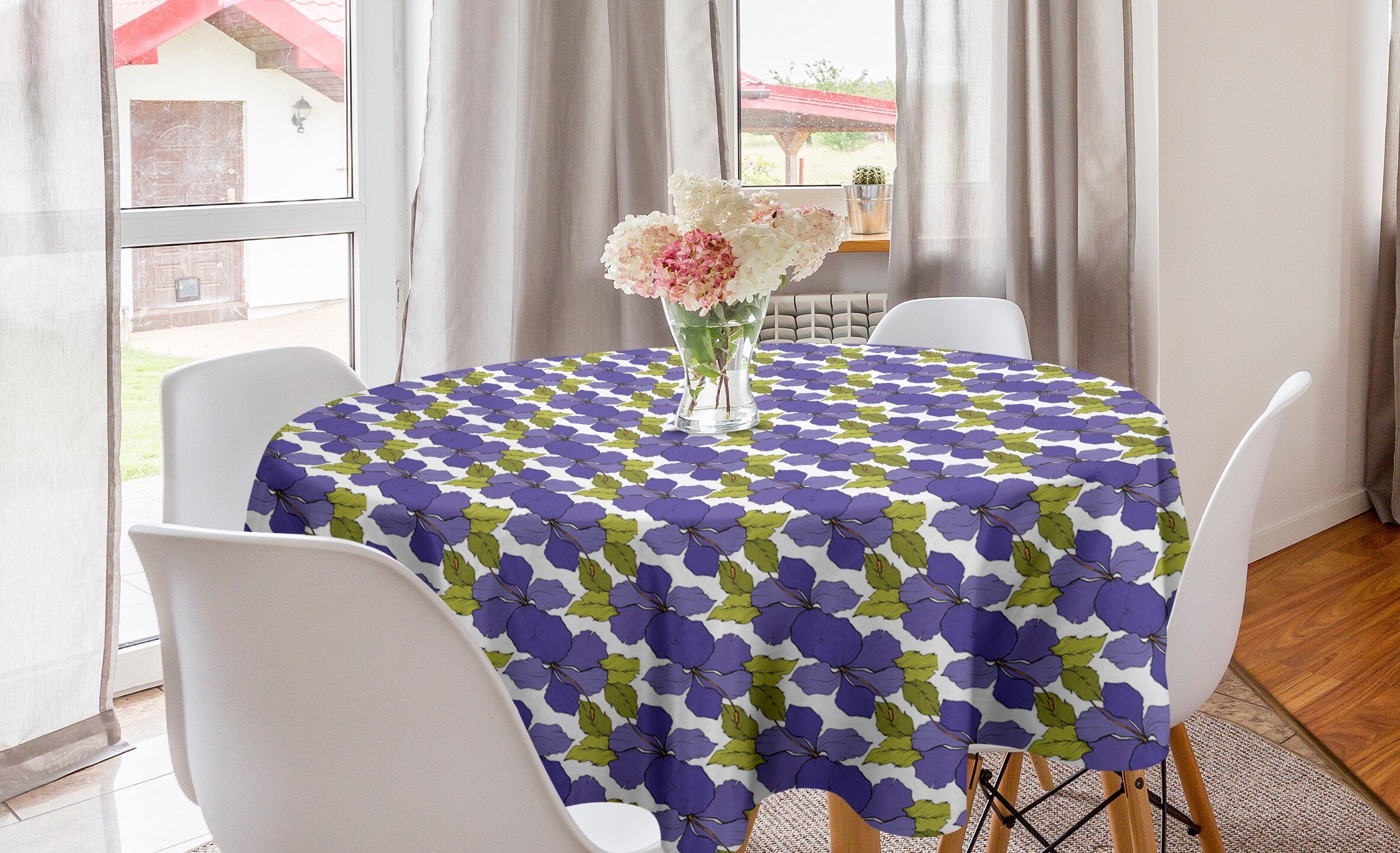 Abakuhaus Tischdecke Kreis Tischdecke Abdeckung für Esszimmer Küche Dekoration, Blumen Botanik Hibiscus und Blätter