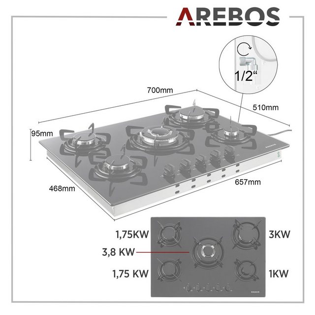 Arebos Gas-Kochfeld Gasherd AR-HE-GH70CM, Geeignet für Erdgas oder Propangas, Gasherd, Gaskocher