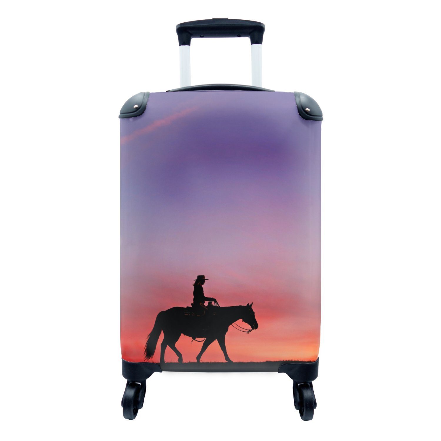 MuchoWow Handgepäckkoffer Silhouette eines Cowboys vor einem lila Himmel, 4 Rollen, Reisetasche mit rollen, Handgepäck für Ferien, Trolley, Reisekoffer