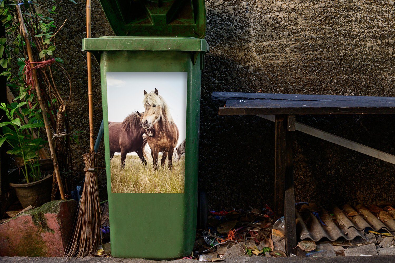 St), (1 Pferde Mülltonne, Frühling Container, - Abfalbehälter Sticker, Gras MuchoWow Wandsticker Mülleimer-aufkleber, -