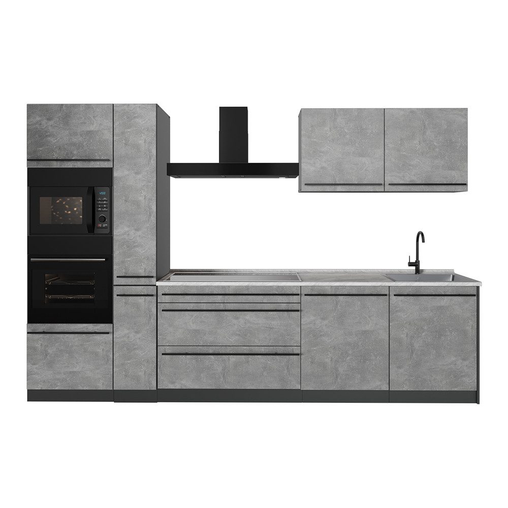 Vicco Küchenzeile R-Line, Beton/Anthrazit, 310 cm Arbeitsplatte Marmor