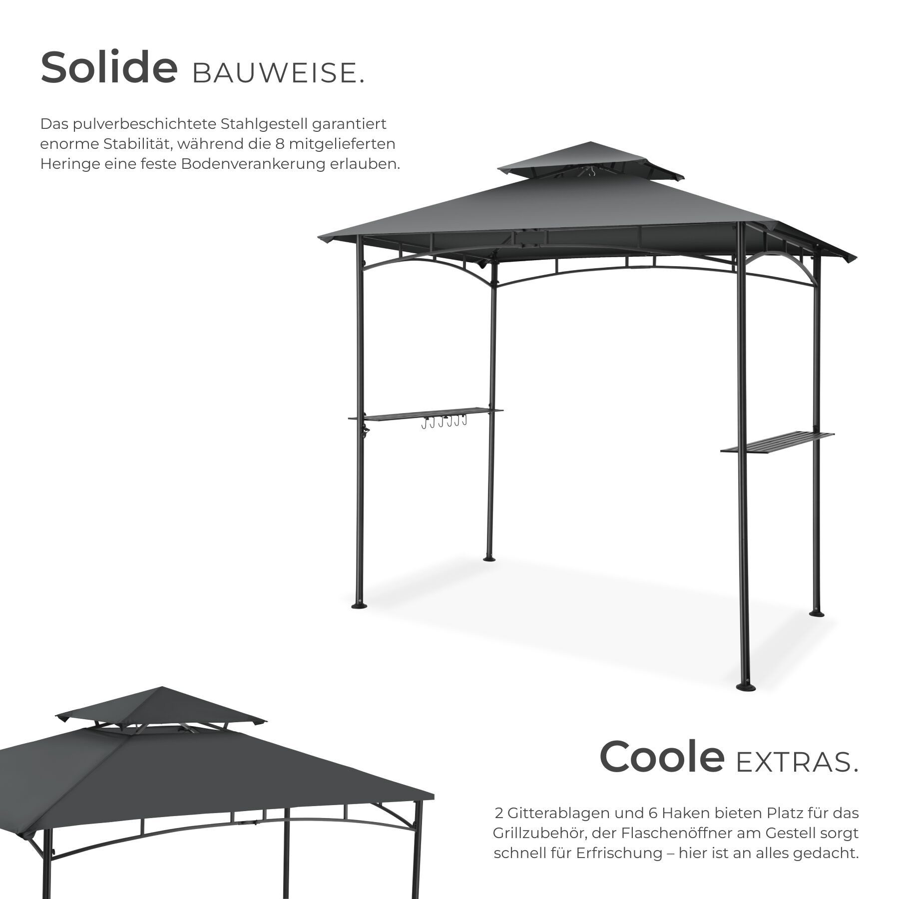 tectake Pavillon Grillpavillon, inklusive 8 Heringen und 6 Haken, 240 x 150 x 250 cm, mit 2 Seitenteilen, (240 x 150 x 250 cm, Komplettset), Doppeldachsystem, Flaschenöffner am Gestell