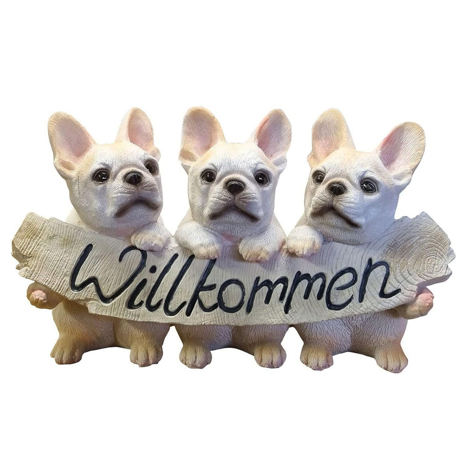 Tierfigur Willkommen Schild 3 Bulldoggen Dekofigur Gartenfigur