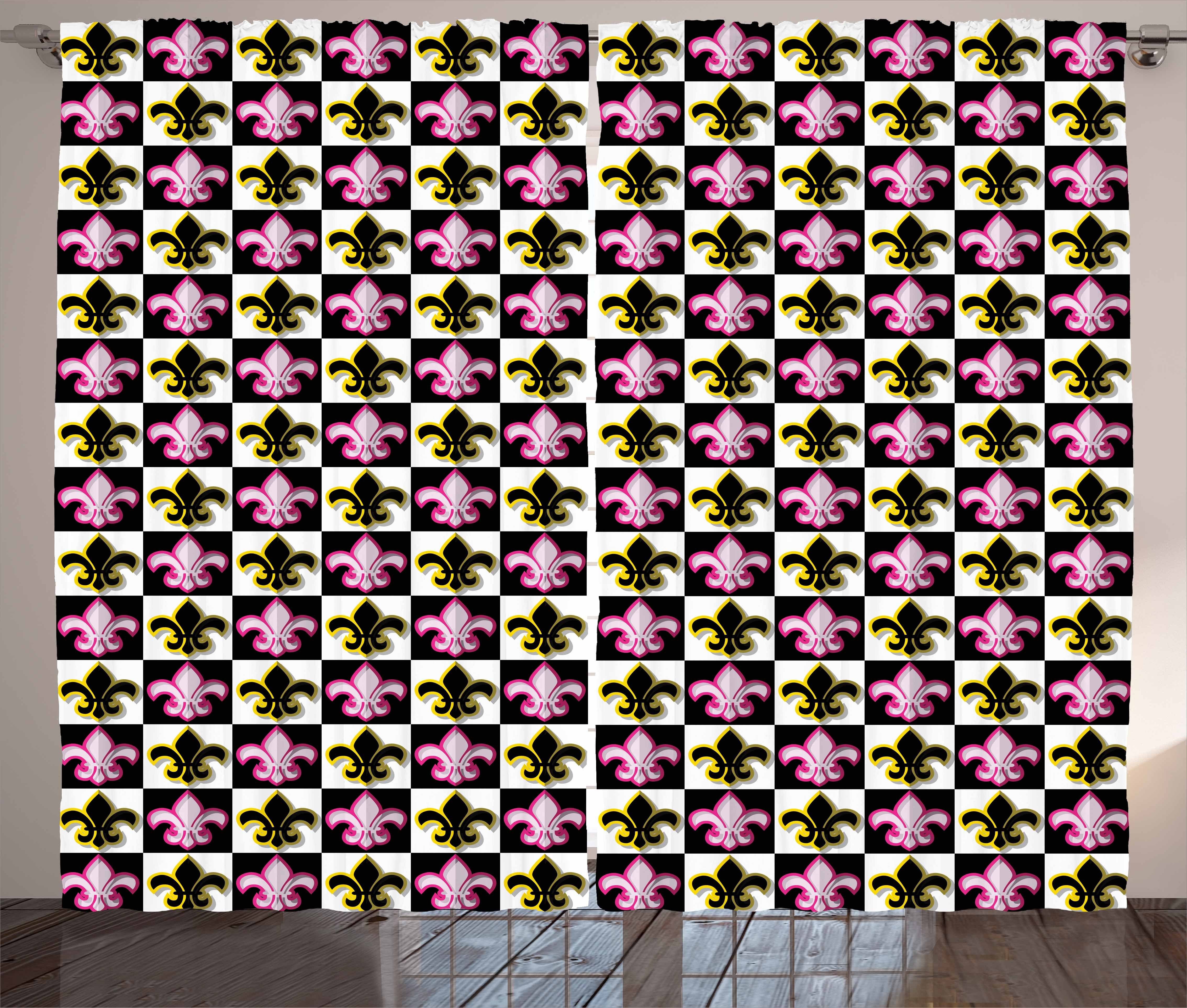 Gardine Schlafzimmer und mit Haken, Checkered Schlaufen Fleur Vorhang Pop-Art De Lis Abakuhaus, Kräuselband