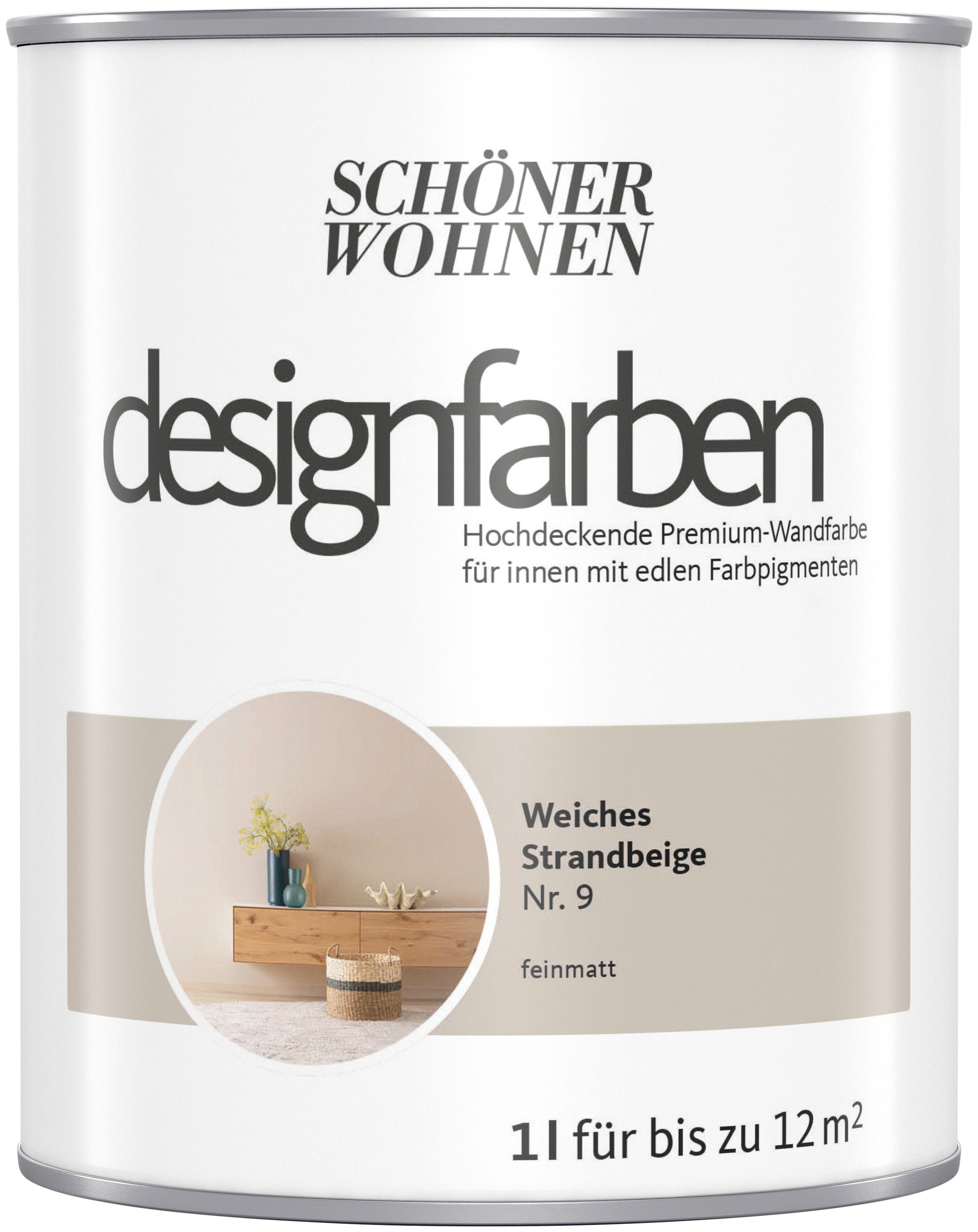 SCHÖNER WOHNEN-Kollektion Wand- und Deckenfarbe Designfarben, 1 Liter,  Weiches Strandbeige Nr. 9, hochdeckende Premium-Wandfarbe