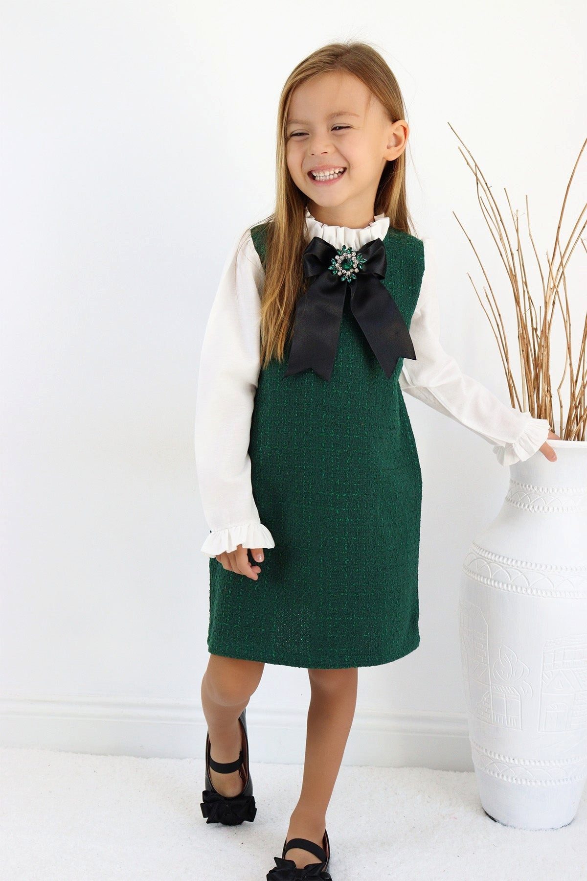 Parla Kids 2-in-1-Kleid Kleid mit Tweed in grün abnehmbare Brosche mit Zirkoniastein Abnehmbare Brosche