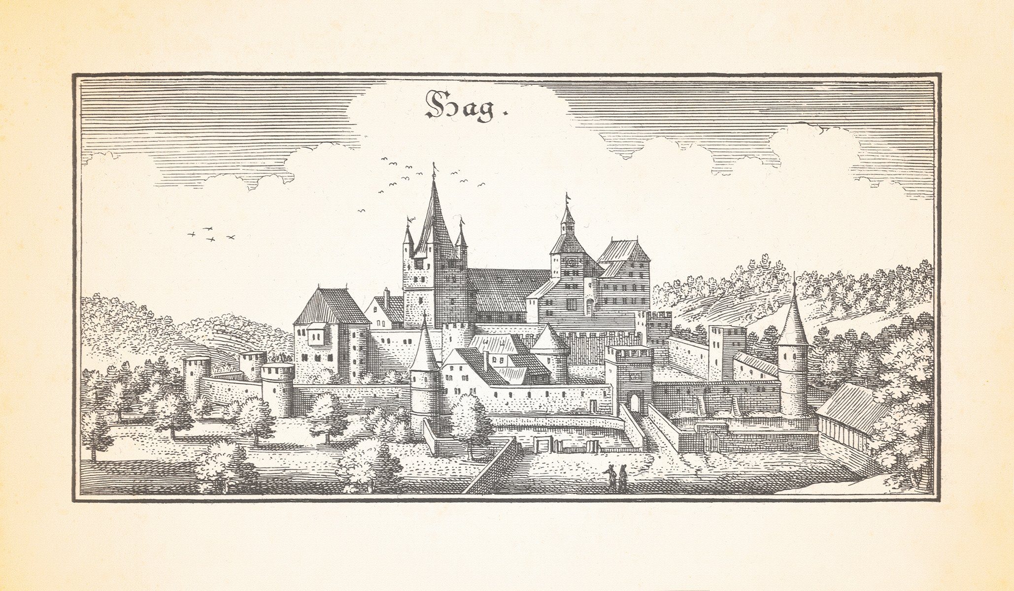 Kunstdruck Hag Haag Oberbayern Markt Burg Ringmauer Zwinger Torturm Kupferstich M