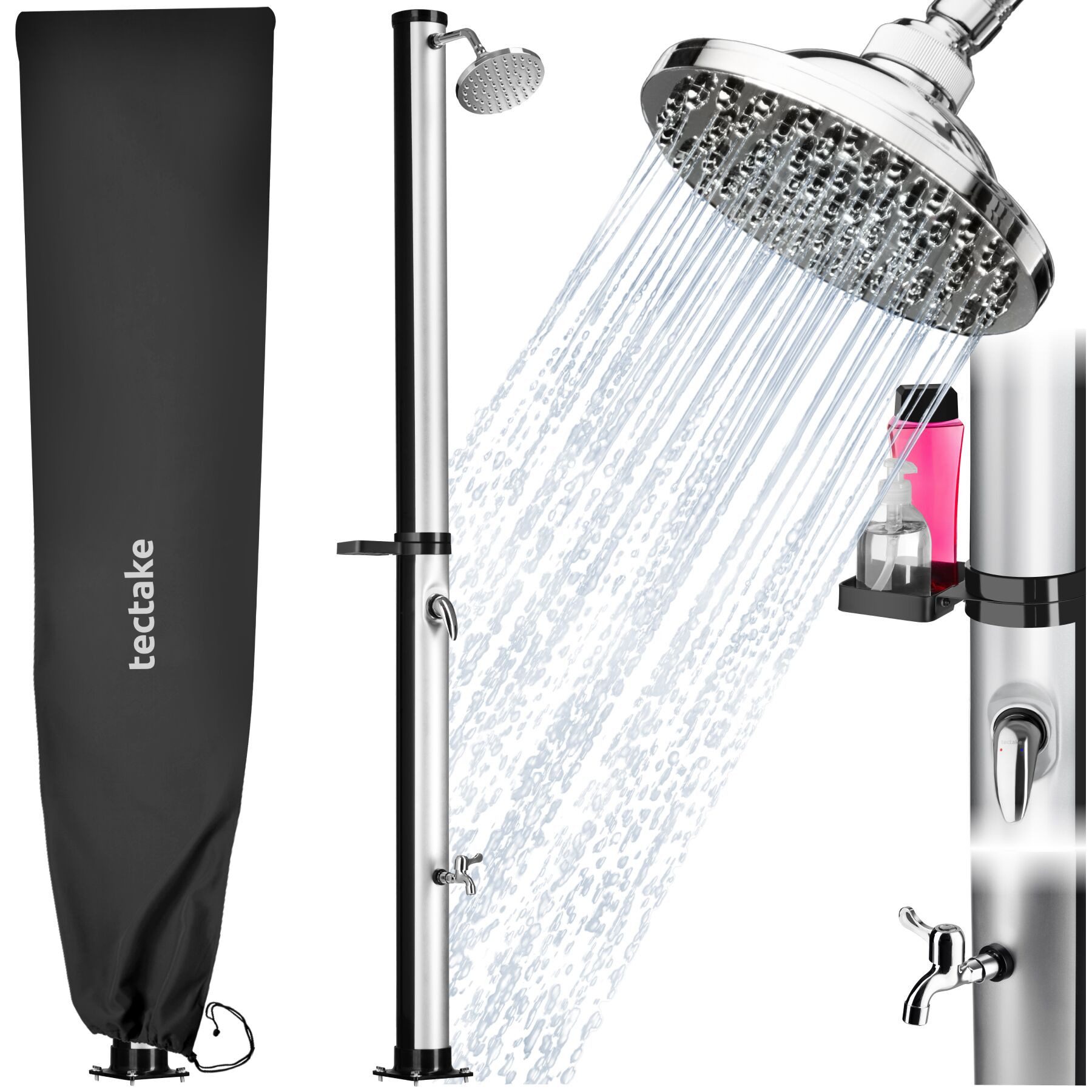 tectake Gartendusche Solardusche - 20 l Warmwasser im Freien (Freiluftdusche Tinto, 1 St., in Schwarz/Silber), Stufenlos einstellbare Mischbatterie