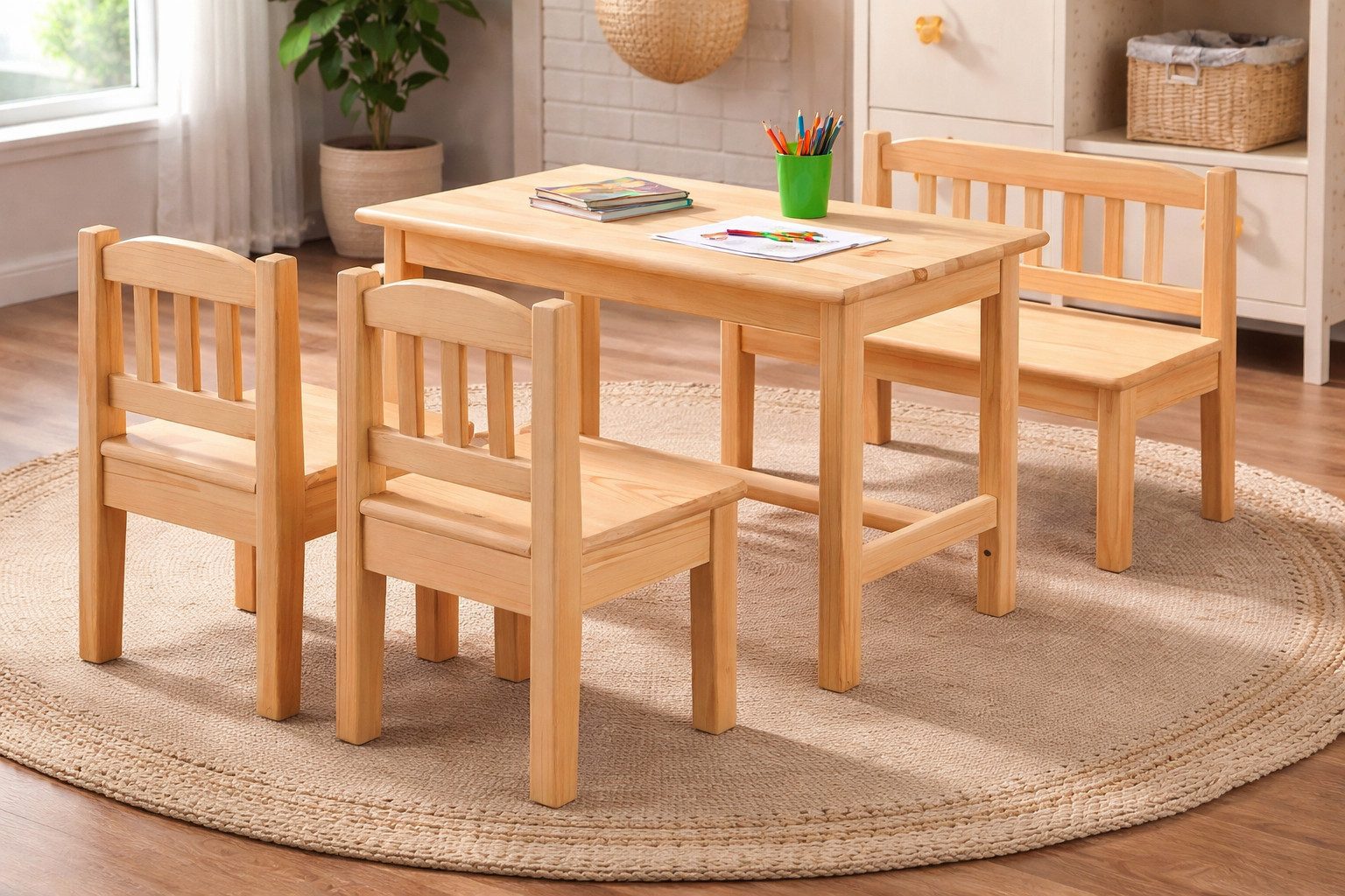 JVmoebel Kindersitzgruppe 4-teiliges Kindermöbel Set aus Holz im charmanten Landhausdesign, (4-tlg), Made in Europa