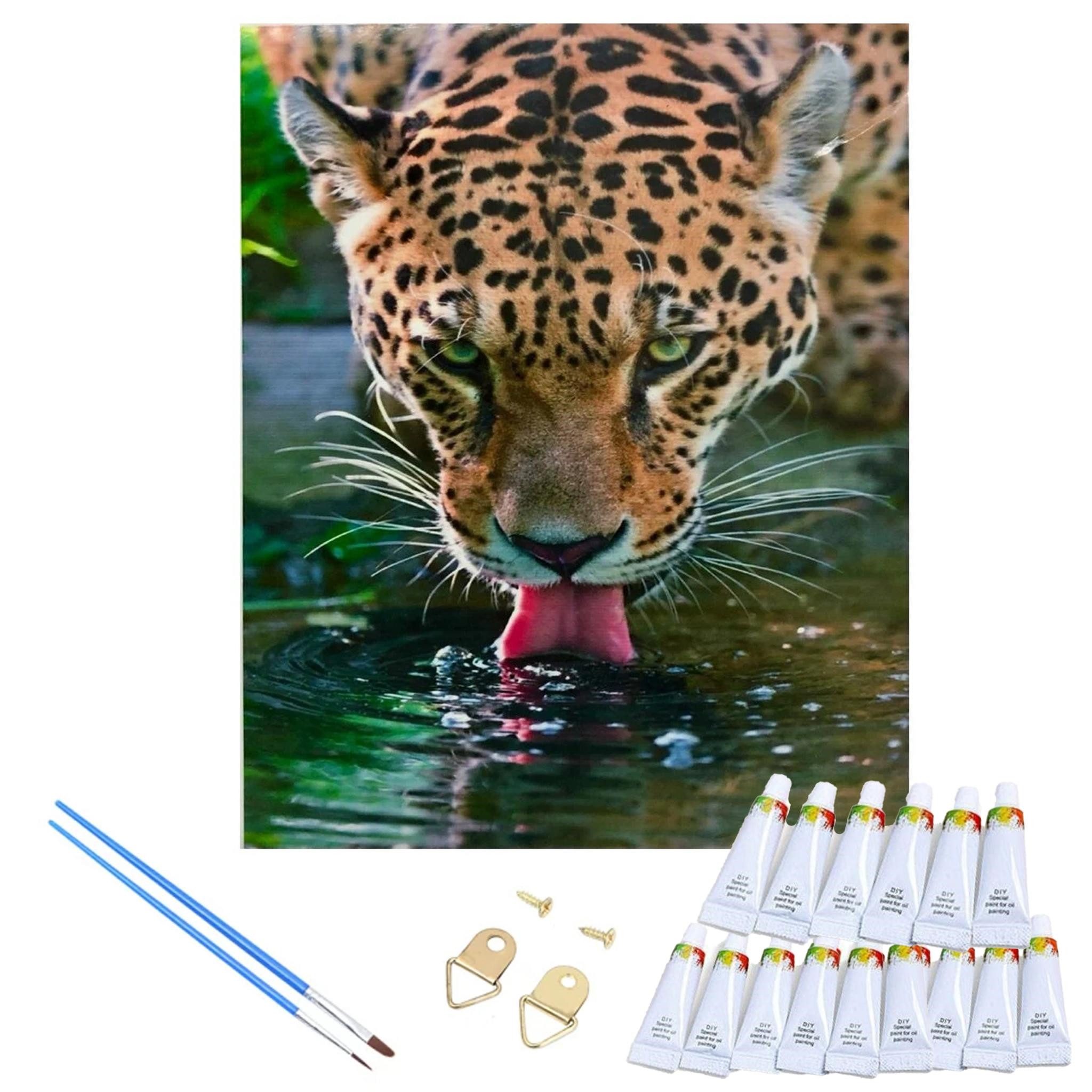 LaCute Malen nach Zahlen Leopard Malset – Kreatives Malen nach Zahlen mit Rahmen 30x40cm (Komplettes Malset: Kreatives Malen nach Zahlen mit Rahmen und Farben, Malen nach Zahlen Set: Leinwand 30x40cm, Acrylfarben, Pinsel, Rahmen), Leopard Malset: Hochwertige Leinwand 30x40cm mit Acrylfarben & Rahmen