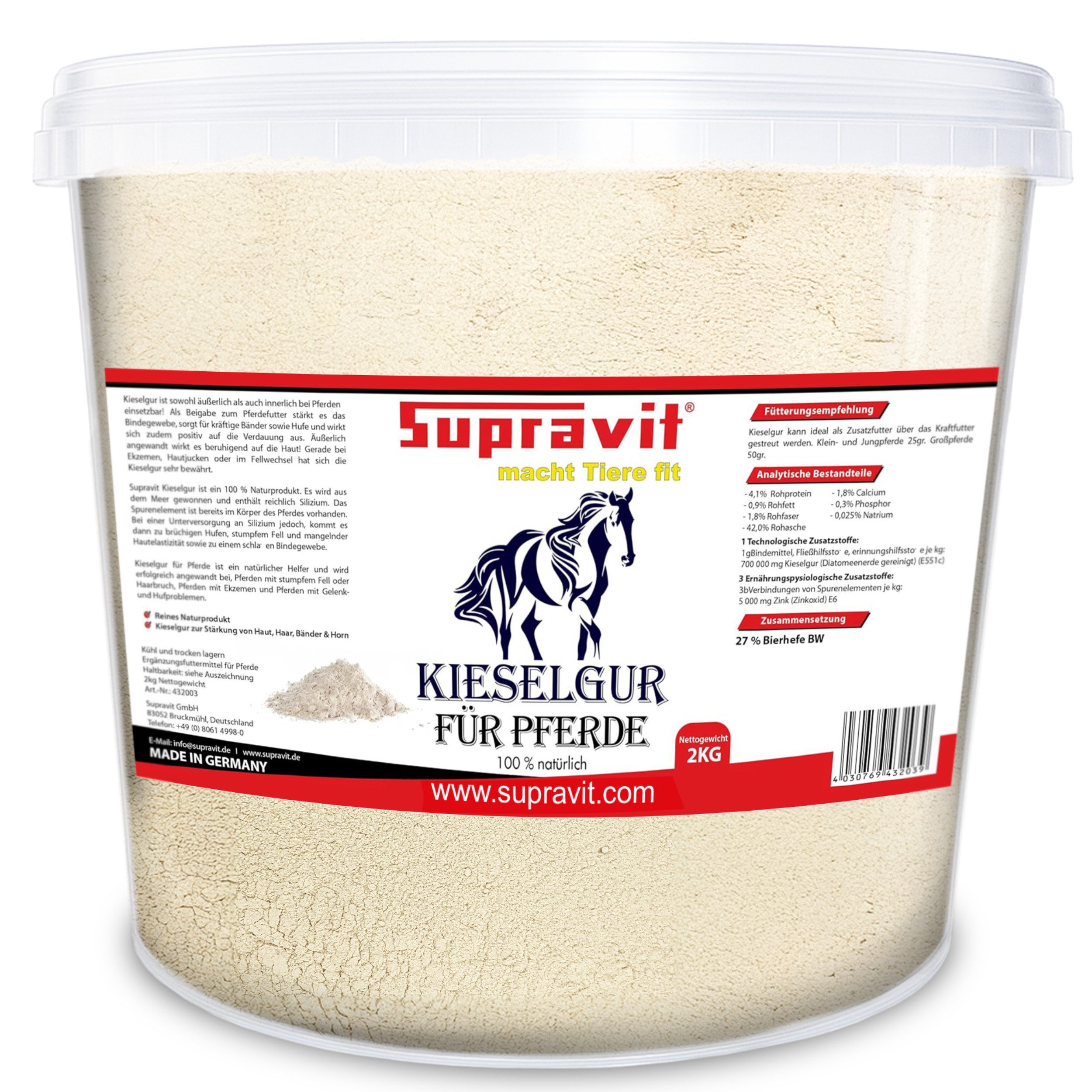 Supravit Kieselgur für Pferde 2kg - Kieselerde, Siliziumquelle, Ergänzungsfutter für: Pferd