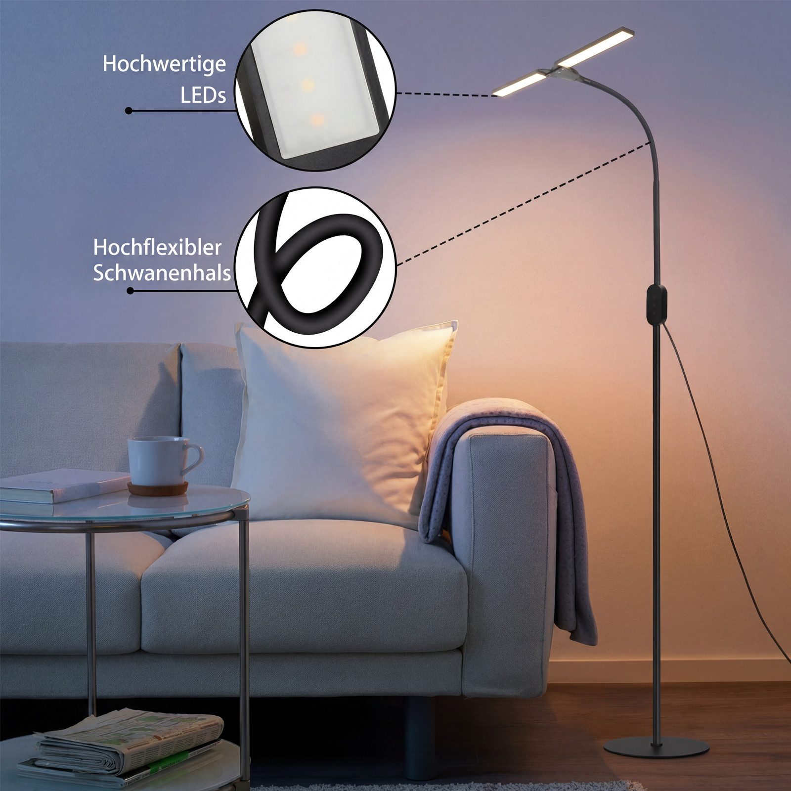 ZMH LED Stehlampe LED dimmbar Leselampe 9W Timer Memory einstellbar Touch, dimmbar, LED fest integriert, flexibel verstellbar, schwenkbar