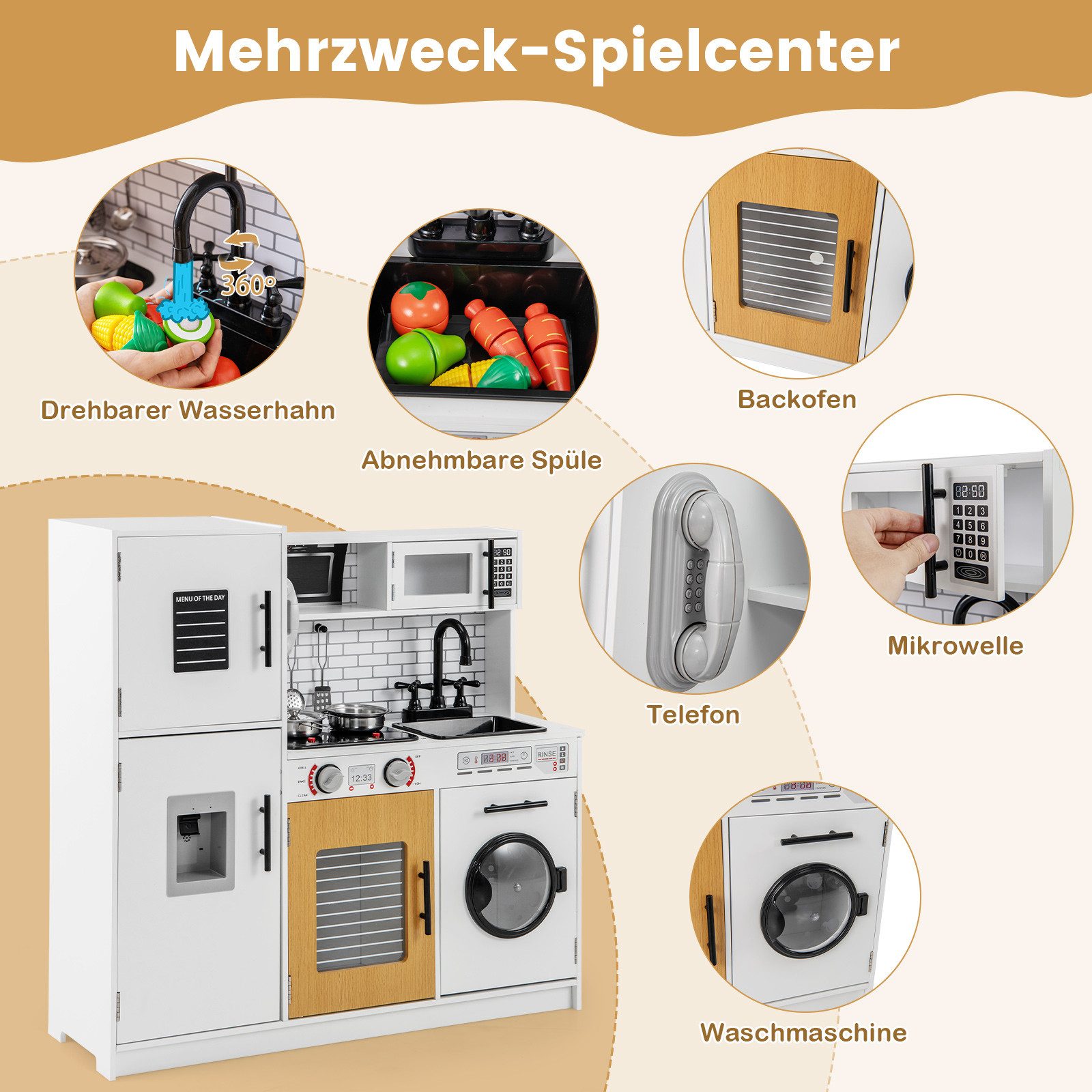 COSTWAY Spielküche Holz, Kinderküche, 82 x 25 x 80,5 cm, für Kinder ab 3 Ja günstig online kaufen