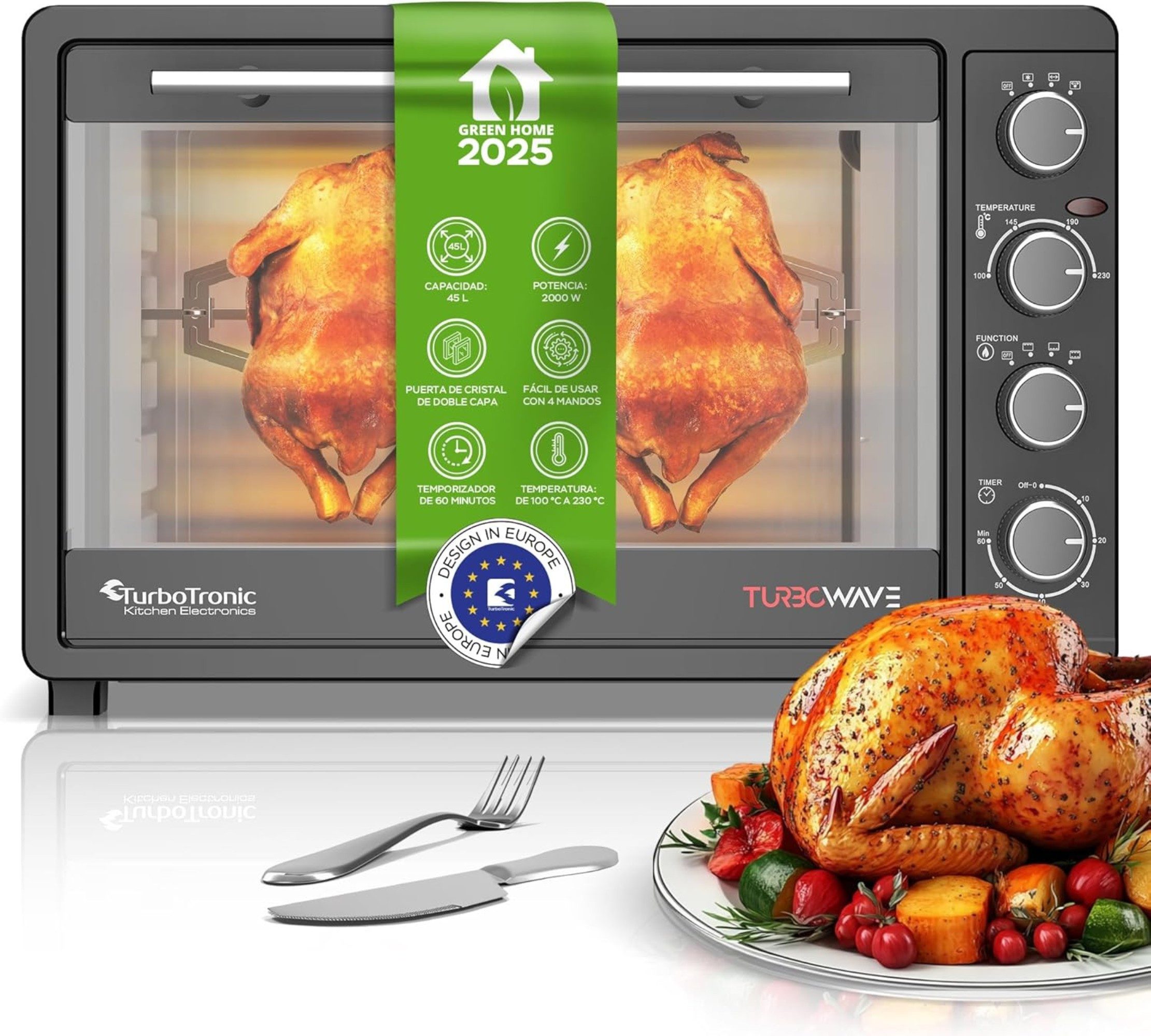 TurboTronic by Z-Line Minibackofen 45 Liter inkl. Drehspieß, Grillrost & 2x Backblech 2000W Elektroofen, Pizzaofen 80-230°C Tischbackofen, Camping, Grillofen, XXL Zubehör