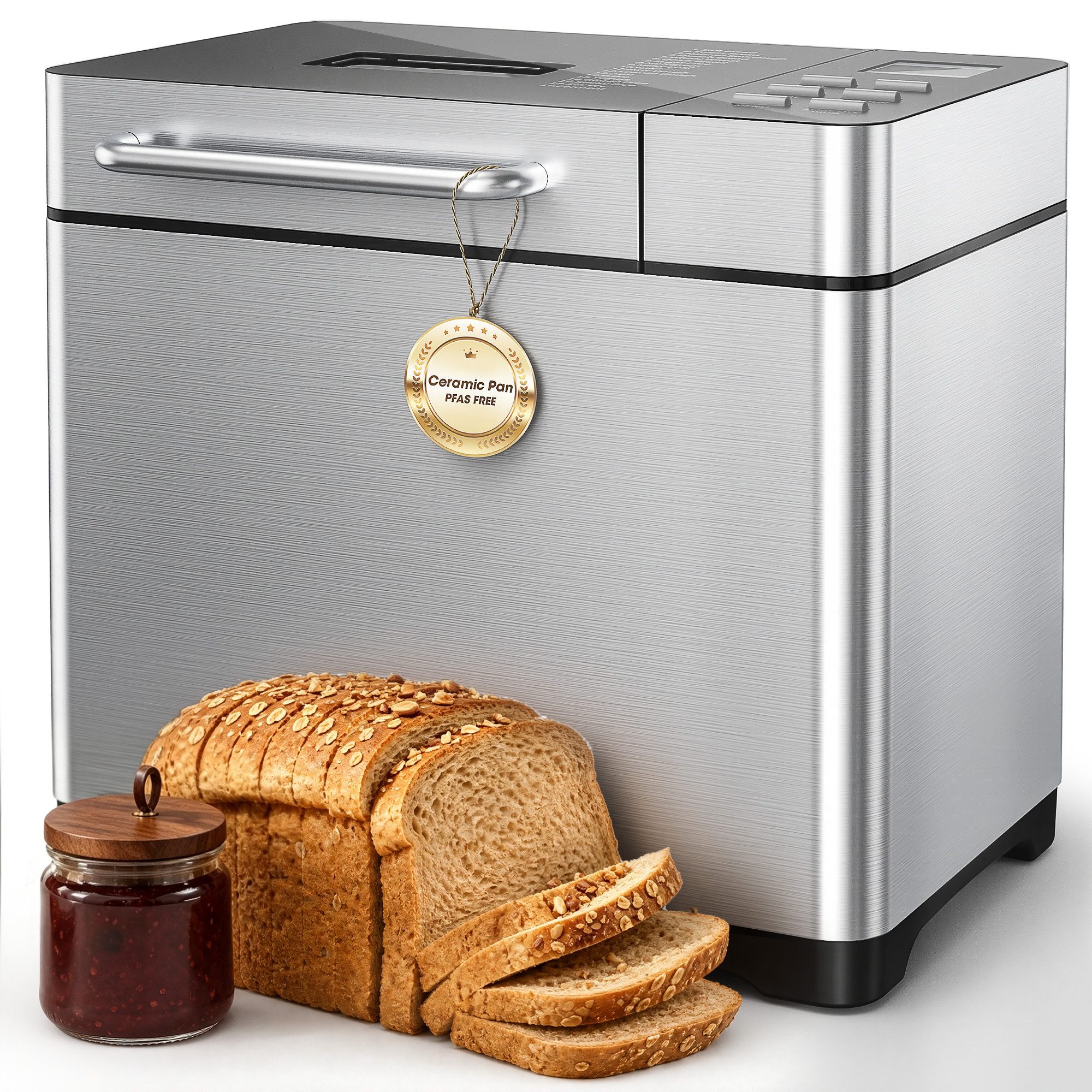 Furnicopia Brotbackautomat 19-in-1 Brotbackautomat, 1kg, Edelstahl, Timer, automatische Beigabe, 19 Programme, 710 W, 19 Programme, 3 Krustenfarben 3 GroBen,Keramik-Antihaft-Backform