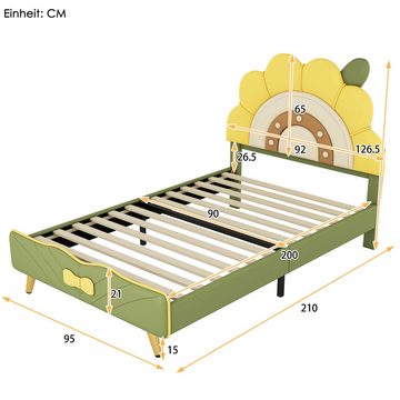 Flieks Polsterbett, Kinderbett Einzelbett 90x200cm mit Sonnenblumenform Kopfteil