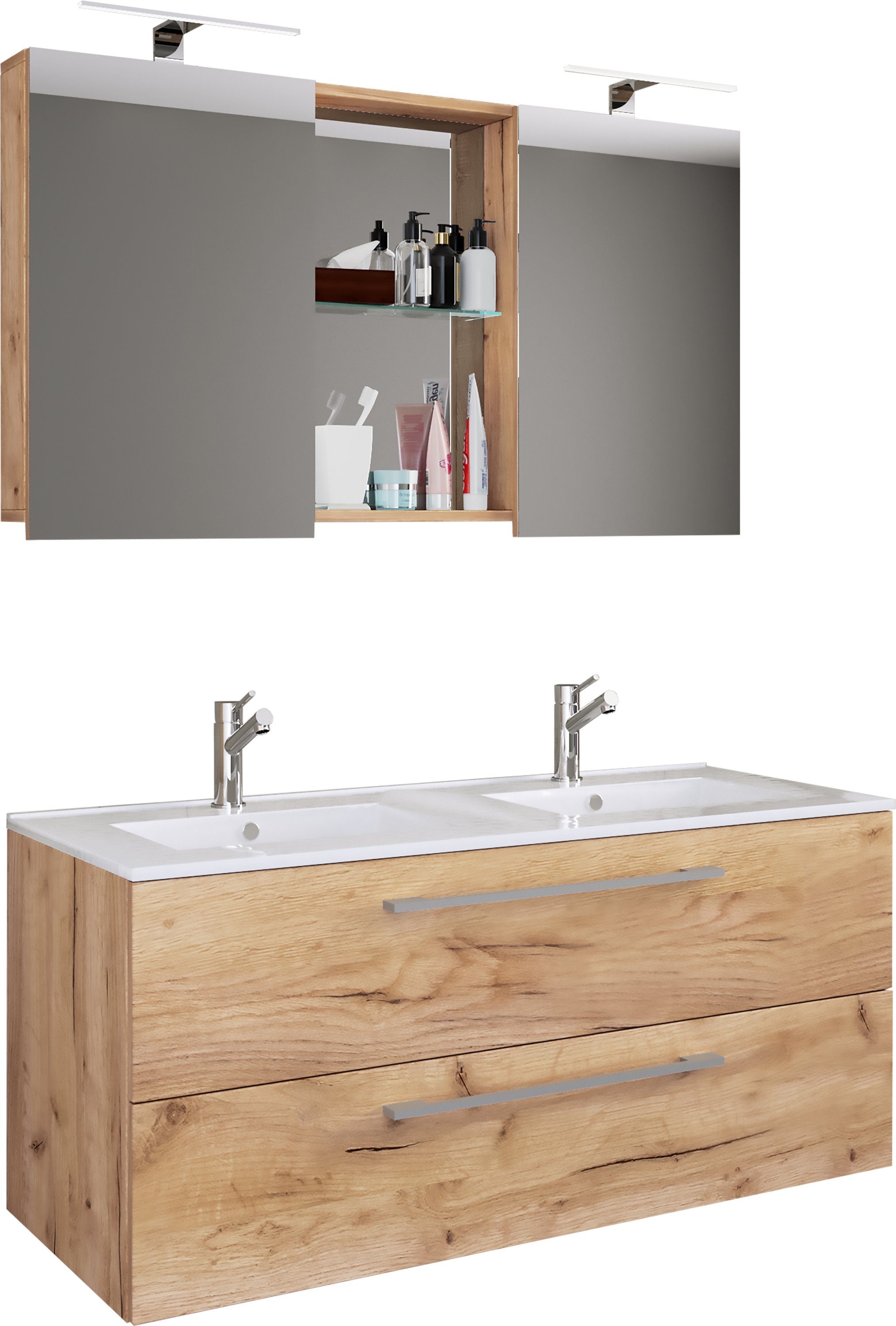 VCM Waschtisch 3tlg-Budasi 127x112x46cm (Set, 3-St., 1x Unterschrank 1x Waschbecken 1x Spiegelschrank)