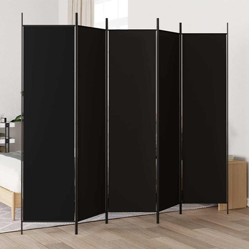 furnicato Raumteiler 5-teilig 250x200 cm Schwarz mit Stoff und Eisen, 1-tlg., Klappbarer Sichtschutz als Paravent für Büro oder Schlafzimmer