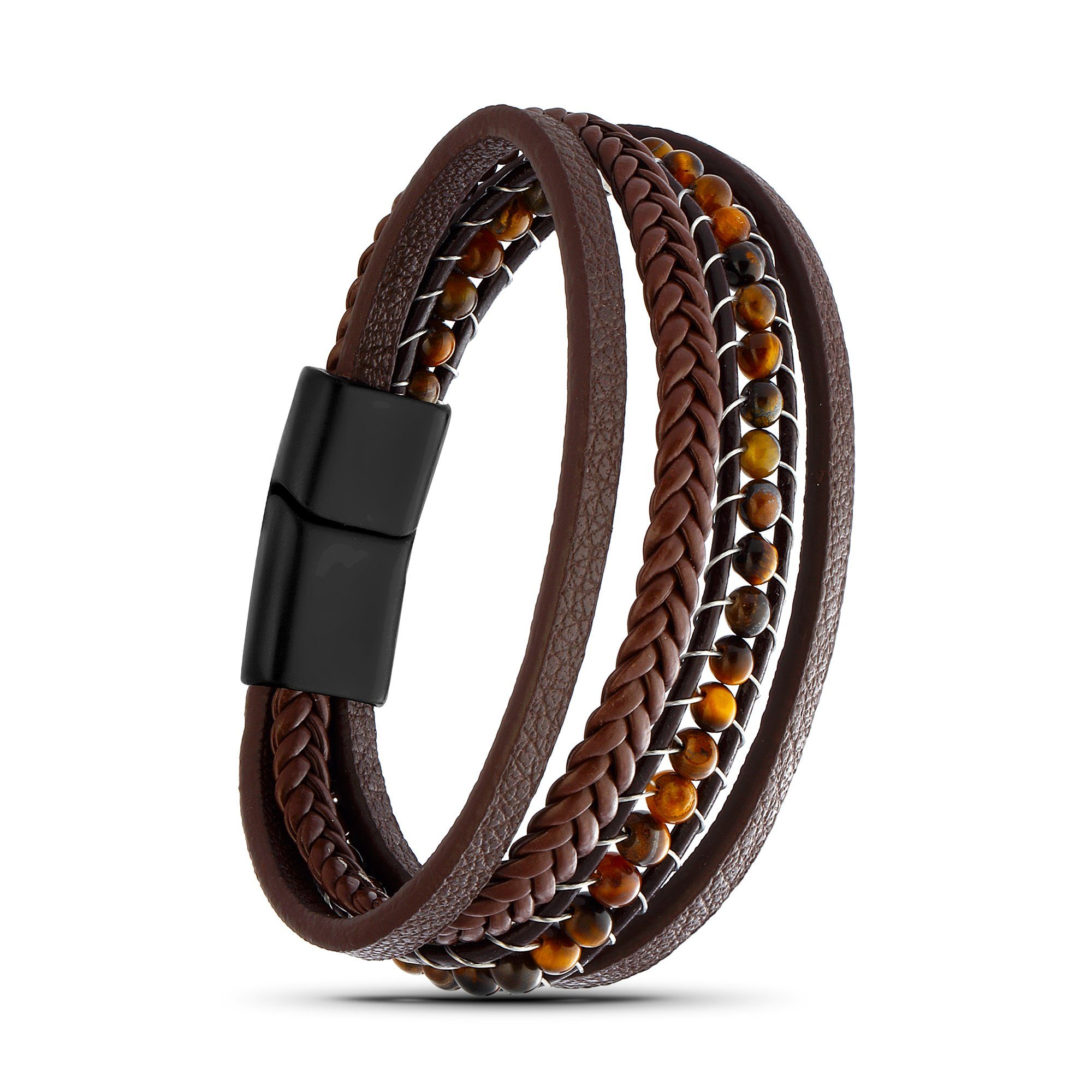 NAHLE Lederarmband Herren Lederarmband mit Tigeraugen Perlen (inkl. Schmuckbox), aus Leder, mit Magnetverschluss für ein sicheres verschließen