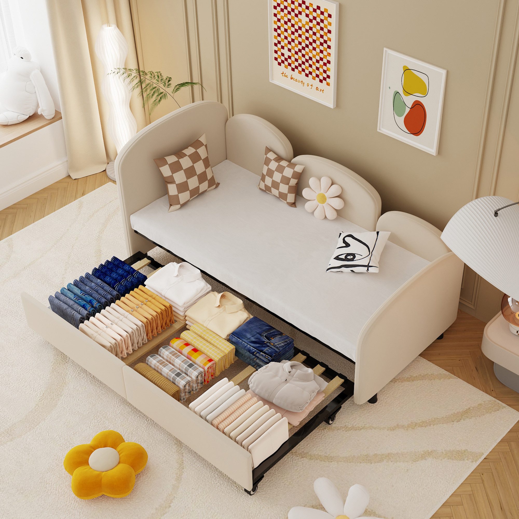 Celya Schlafsofa Polsterbett, Twin Size Daybed mit Stauraumschubladen, für Wohnzimmer, Kinderzimmer, Schlafzimmer im modernen Stil. Ohne Matratze, Velours gepolstertes Daybed, modernes Sofa-Bett-Design