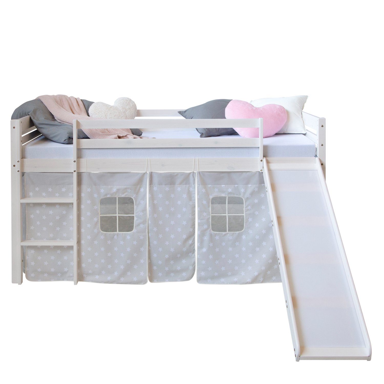 Homestyle4u Hochbett 90x200 mit Vorhang und Rutsche in Weiß Sterne 1884 günstig online kaufen
