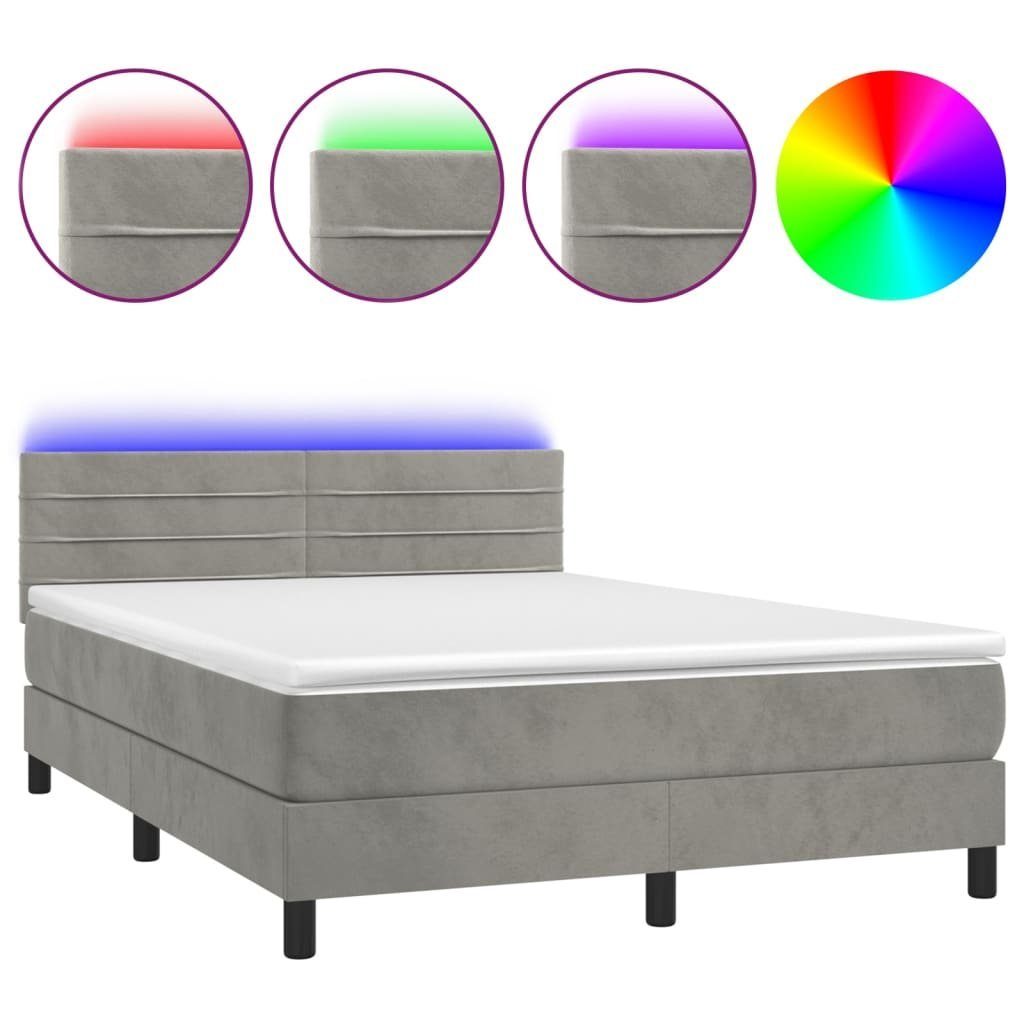 vidaXL Boxspringbett 140 x 200 cm Boxspringbett mit Matratze LED Hellgrau 140x200 cm Samt