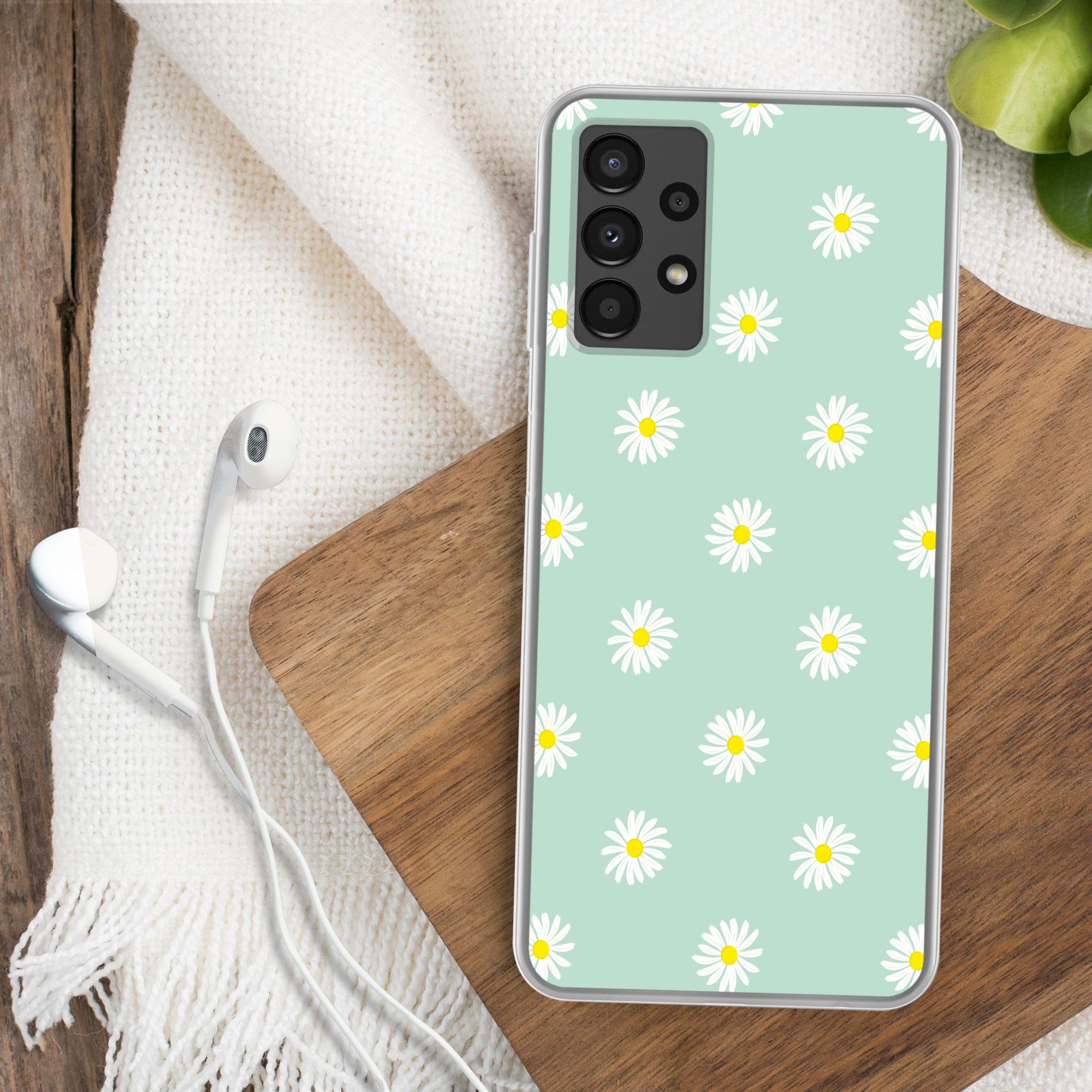 MuchoWow Handyhülle für Samsung Galaxy A13 4G Gänseblümchen - Pastell - Weiß - Grün - Flor, Smartphone-Bumper, Print, Handy Schutzhülle Dünn