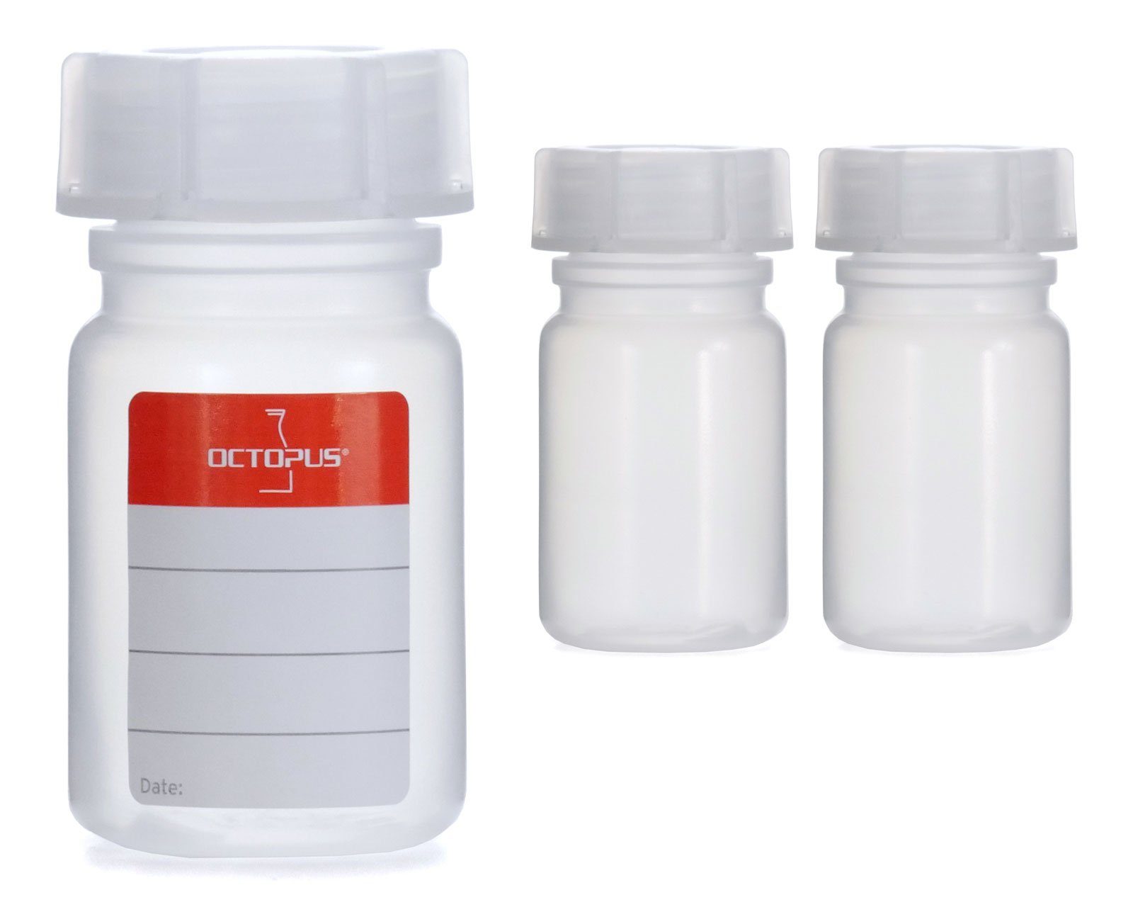 Kanister 3x 50ml Weithalsflasche mit Deckel, naturfarben, rund, G 32