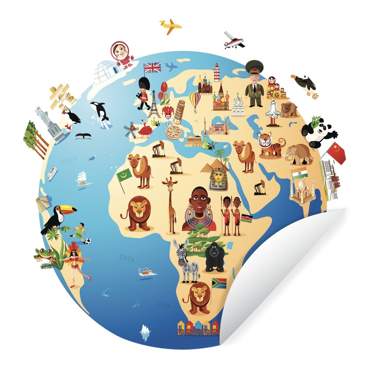 MuchoWow Wandsticker Cartoon-Illustration einer kreisförmigen Weltkarte mit Symbolen (1 St), Tapetenkreis für Kinderzimmer, Tapetenaufkleber, Rund, Wohnzimmer