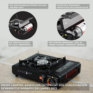 EVOCAMP Gaskocher 1-flammig für 227g Gaskartuschen, inkl. Tragekoffer, perfekt für Outdoor-Aktivitäten, Leistung: 2 kW
