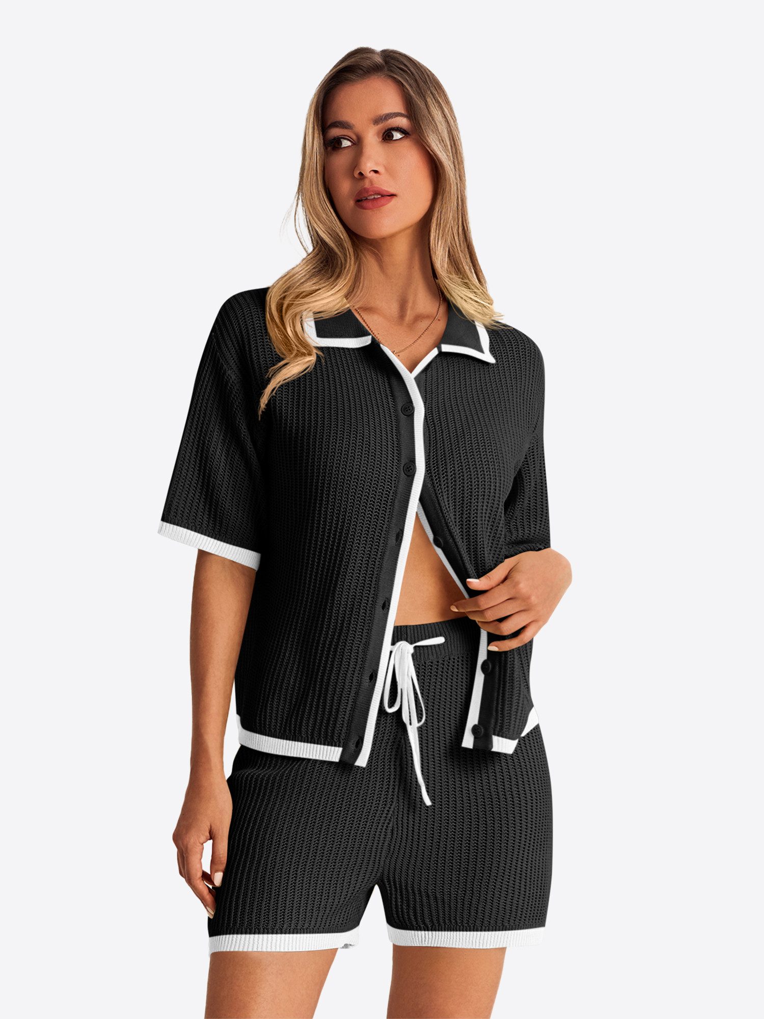 Imily Bela Hausanzug Damen Häkel 2-teiliger Set (Set, 2 tlg., Strickjacke + Shorts) Kontrastfarbige Details