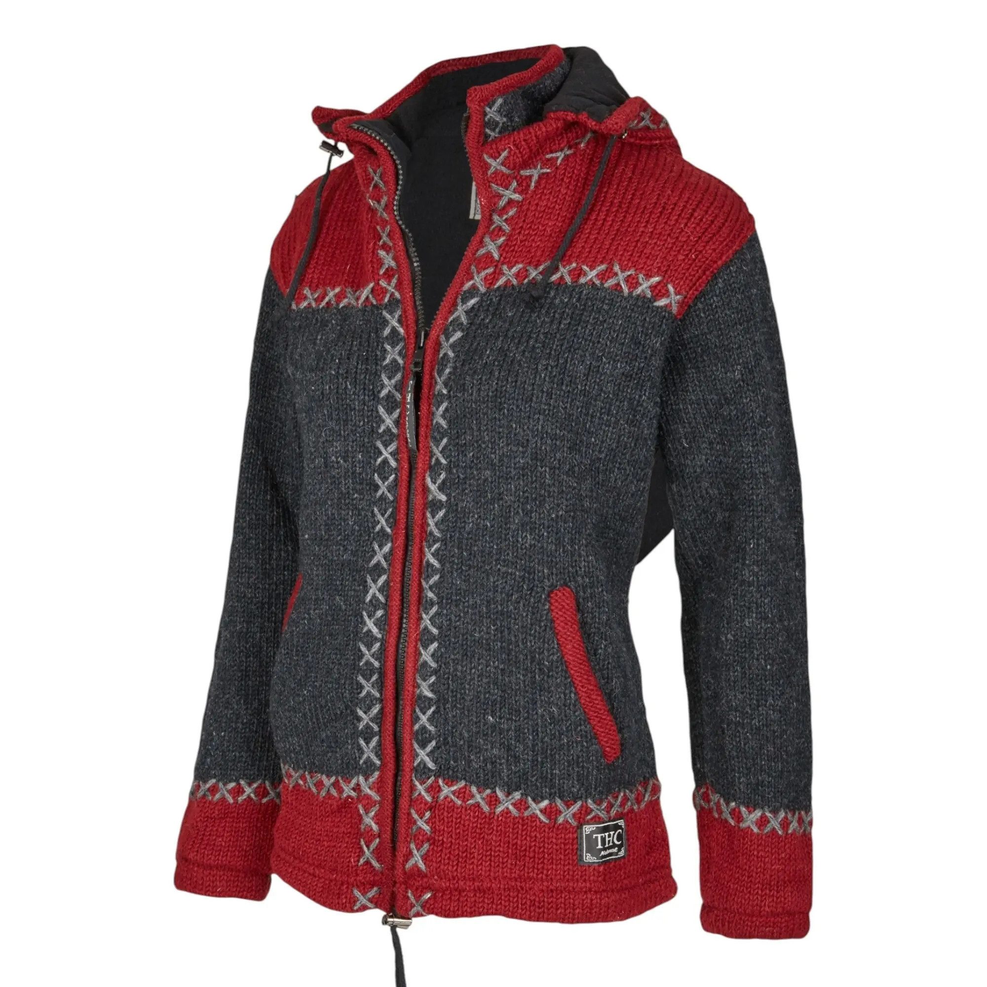 Strickjacke THC Schafwollstrickjacke anthrazit rot 512