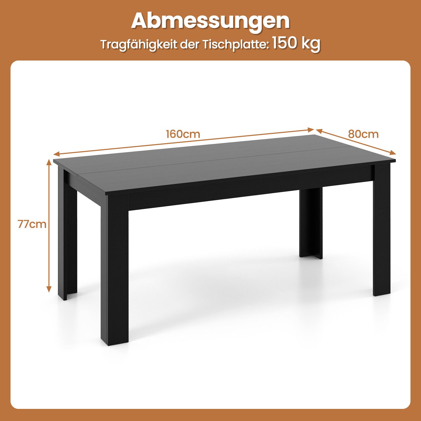 COSTWAY Esstisch, Küchentisch 160 x 80 cm bis 150 kg für 6-8 Personen Schwarz