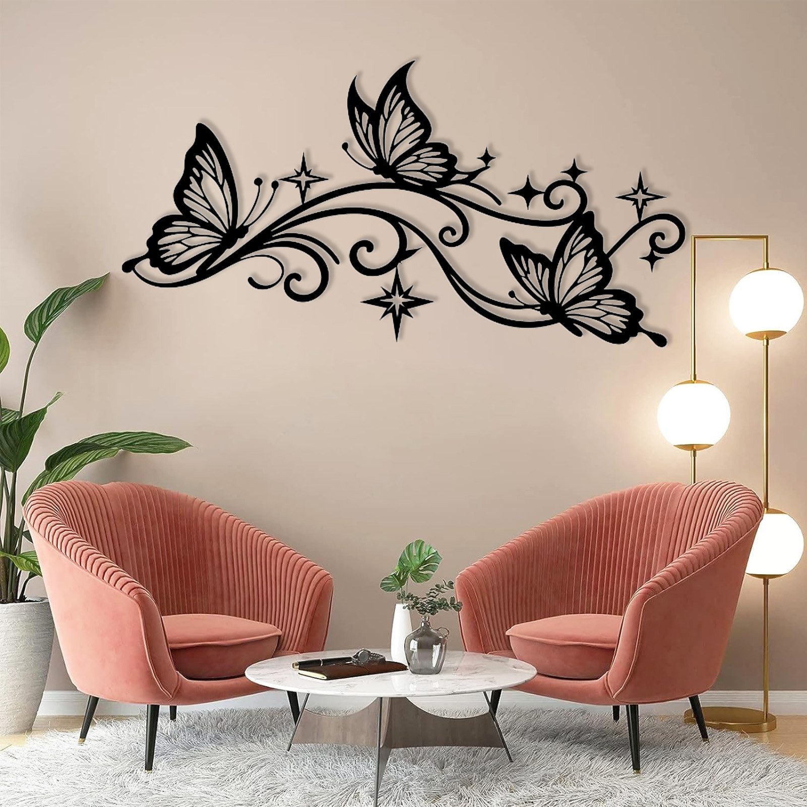 Jumpeak Wanddekoobjekt Wanddekoration Schmetterling Ranke,Filigran Sterne,Linienkunst,Natur, Metall,4 Farben,5 Maße,Schmetterling Wandsticker,Eleganz,Ornament