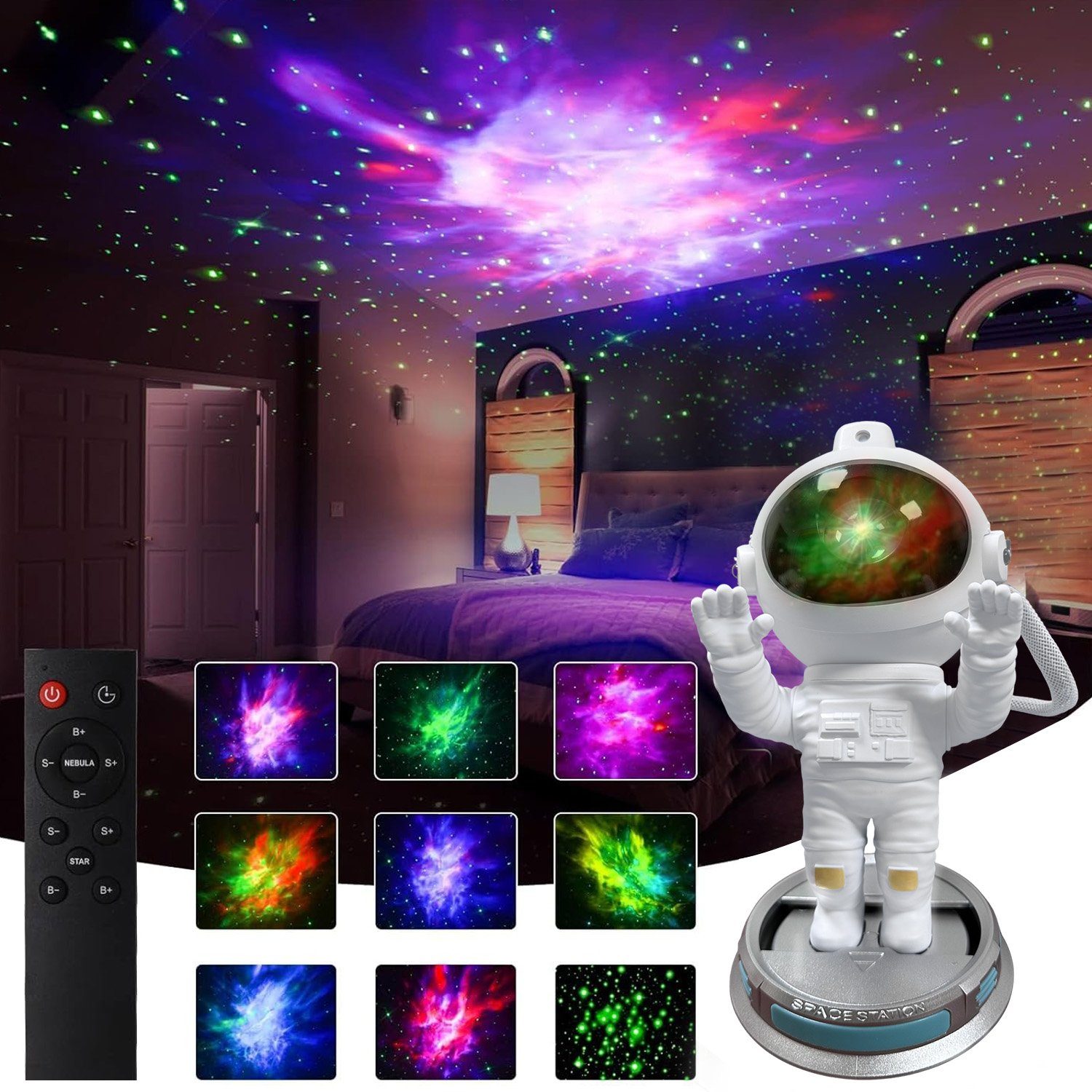 Nachtlicht LED-Sternenhimmel Astronaut Galaxy verstellbar, Sternenhimmel Projektor LED Nachttischlampe erhoben 360° Projector, Fernbedienung&Timer, LED zwei Hände Projektionslampe MUPOO