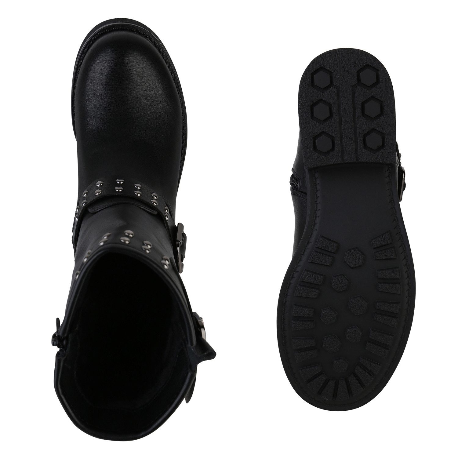 VAN HILL 841447 Stiefel Damen Leicht Gefüttert Bikerstiefel Stiefel Nieten Schnalle