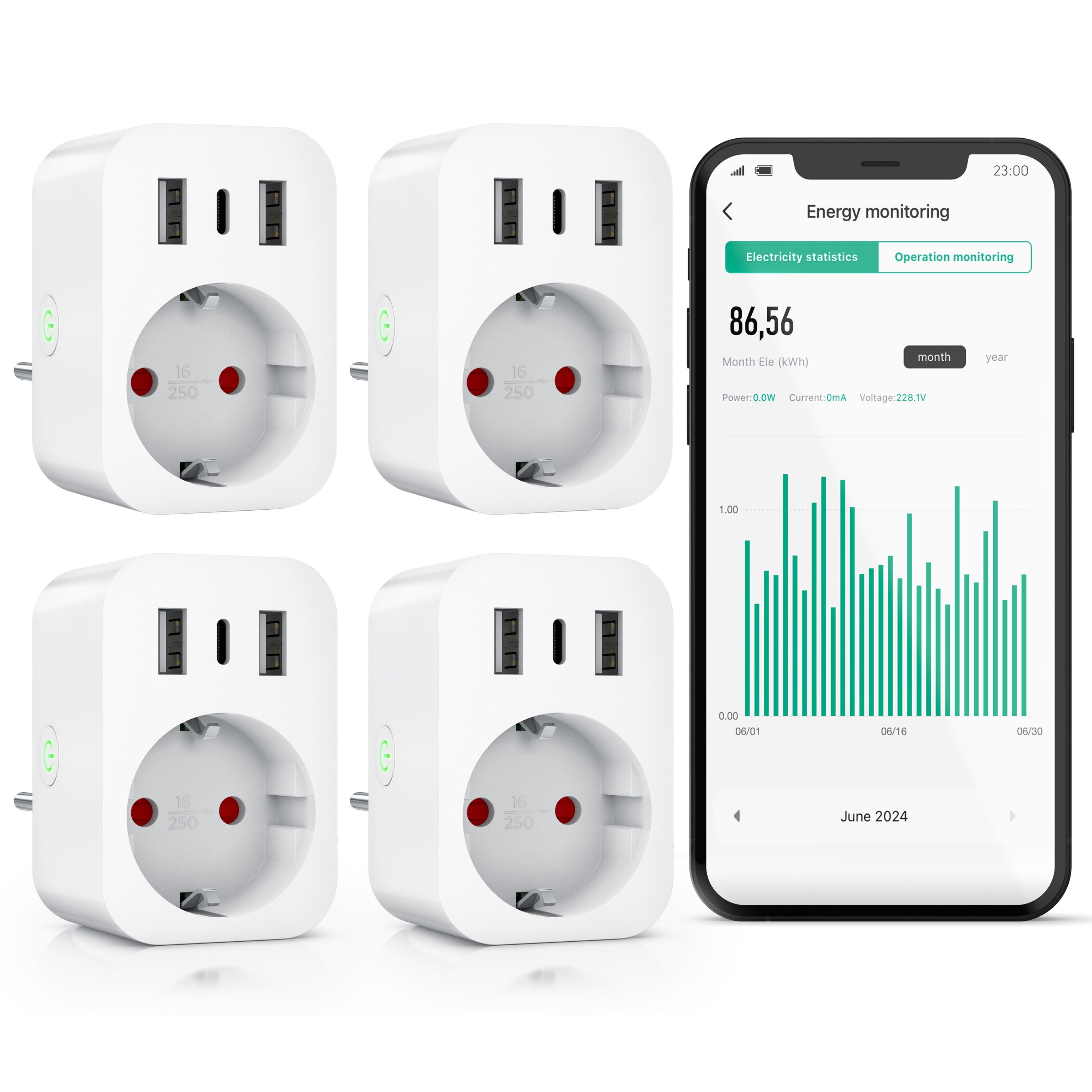 BEARWARE WLAN-Steckdose mit USB, 2,4Ghz WiFi Fernsteuerung per Smart life App, Sprachsteuerung, 4-St., Zeitschaltuhr, Energiekostenmessgerät, USB-Ladegerät, Countdown Timer