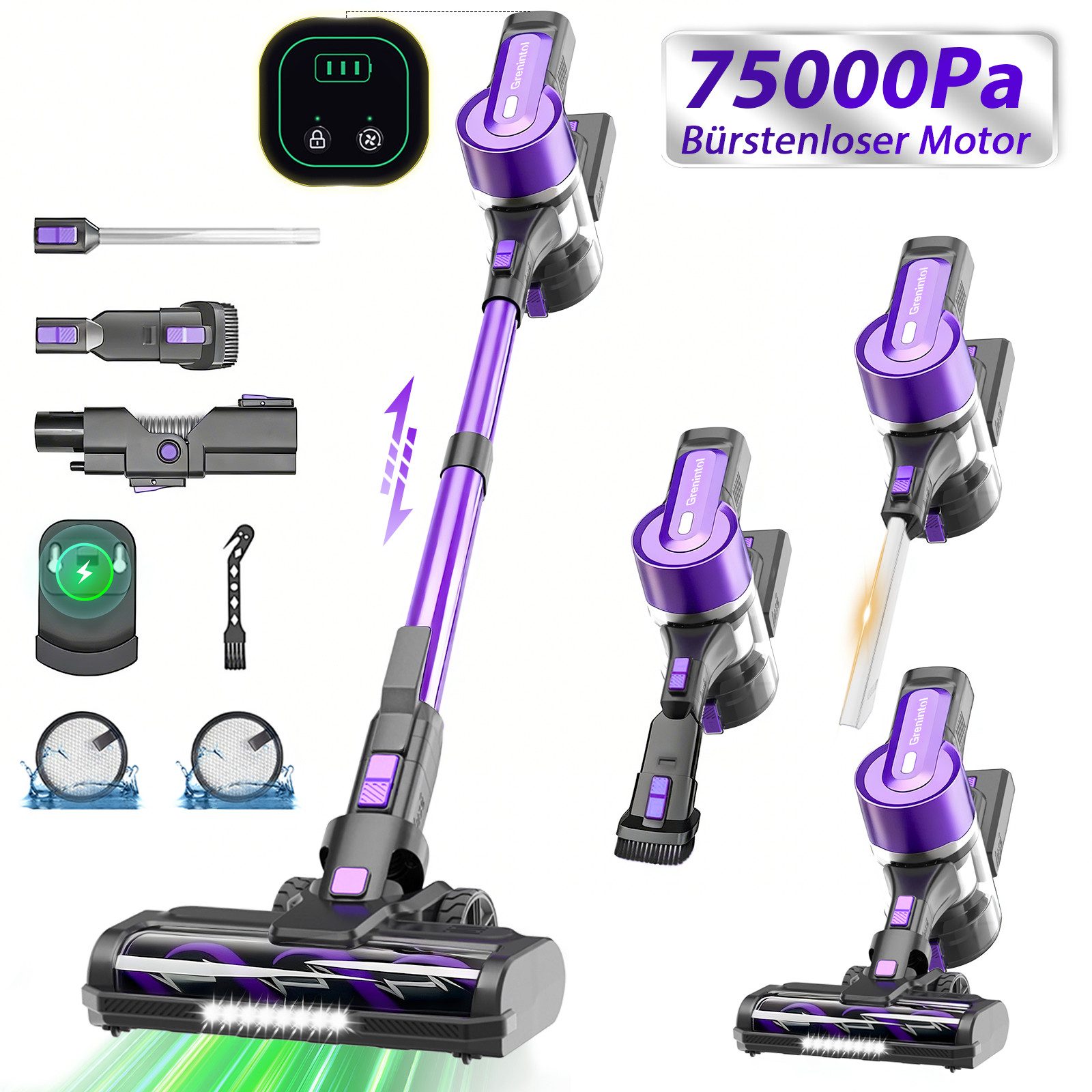 Grenintol Akku-Hand-und Stielstaubsauger Akku Staubsauger 75000Pa/500W/60min Staubsauger Kabellos, 500 W, beutellos, 1.2L Staubbehälter, LED-Bodenbürste, 8-in-1, Mit HEPA