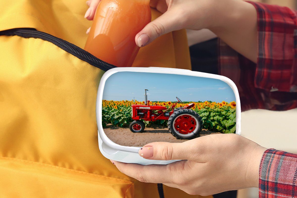 MuchoWow Lunchbox Traktor - Kinder Kunststoff, - für Blumen, Erwachsene, Sonnenblume - Mädchen Brotdose, Brotbox weiß (2-tlg), für - Rot und Bauernhof und Jungs