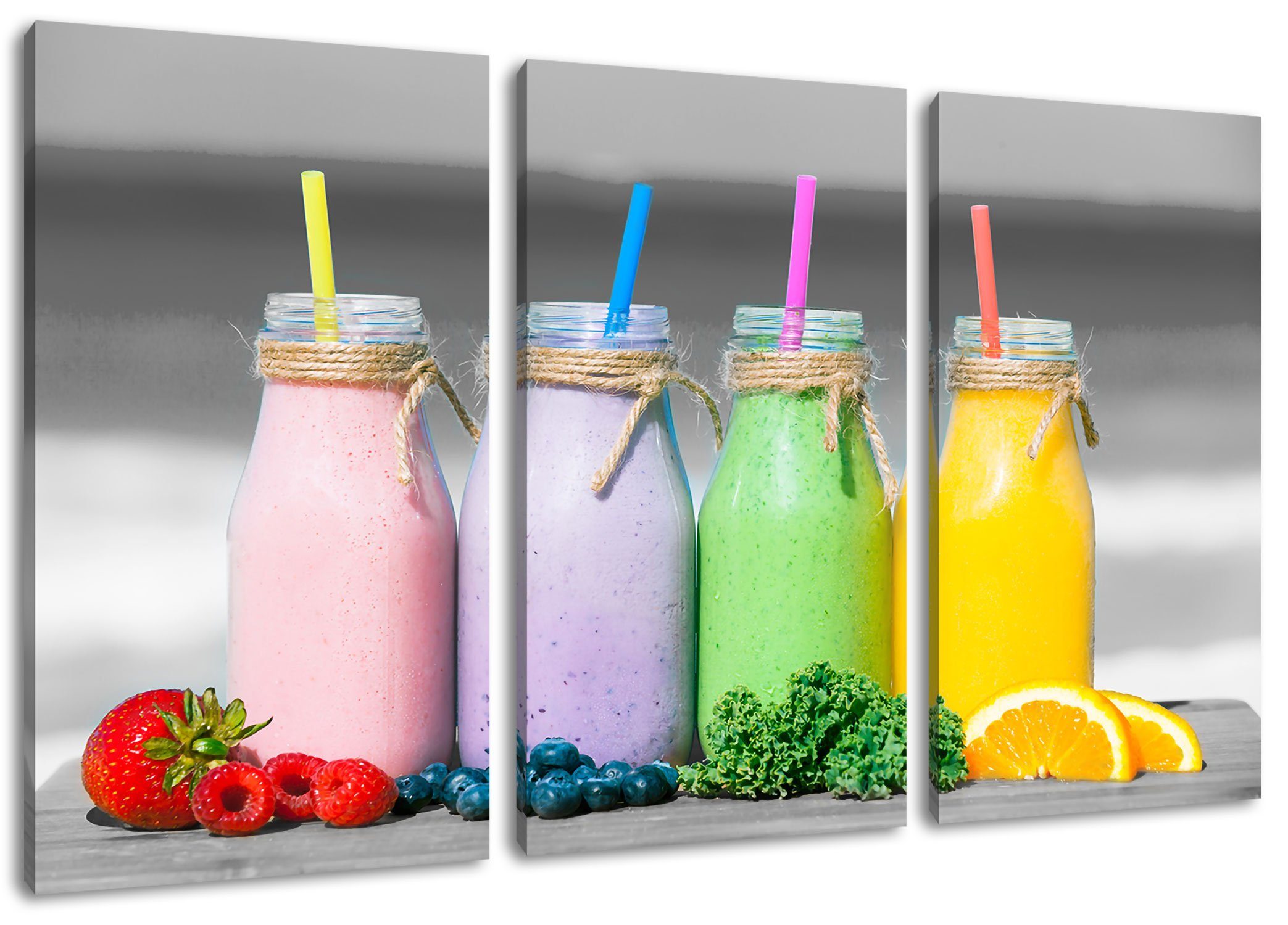 Pixxprint Leinwandbild Smoothies in verschiedenen Farben, Smoothies in verschiedenen Farben 3Teiler (120x80cm) (1 St), Leinwandbild fertig bespannt, inkl. Zackenaufhänger | Leinwandbilder