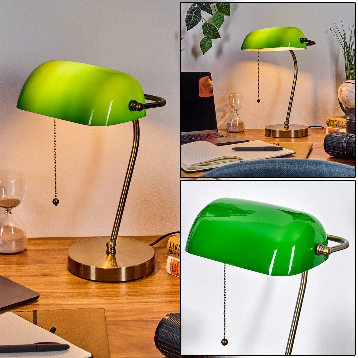 hofstein Tischleuchte Tischlampe aus Metall/Glas in Altmessing/Grün/Weiß, ohne Leuchtmittel, Bankerlampe, Schreibtischlampe mit Zugschnur, 1 x E27