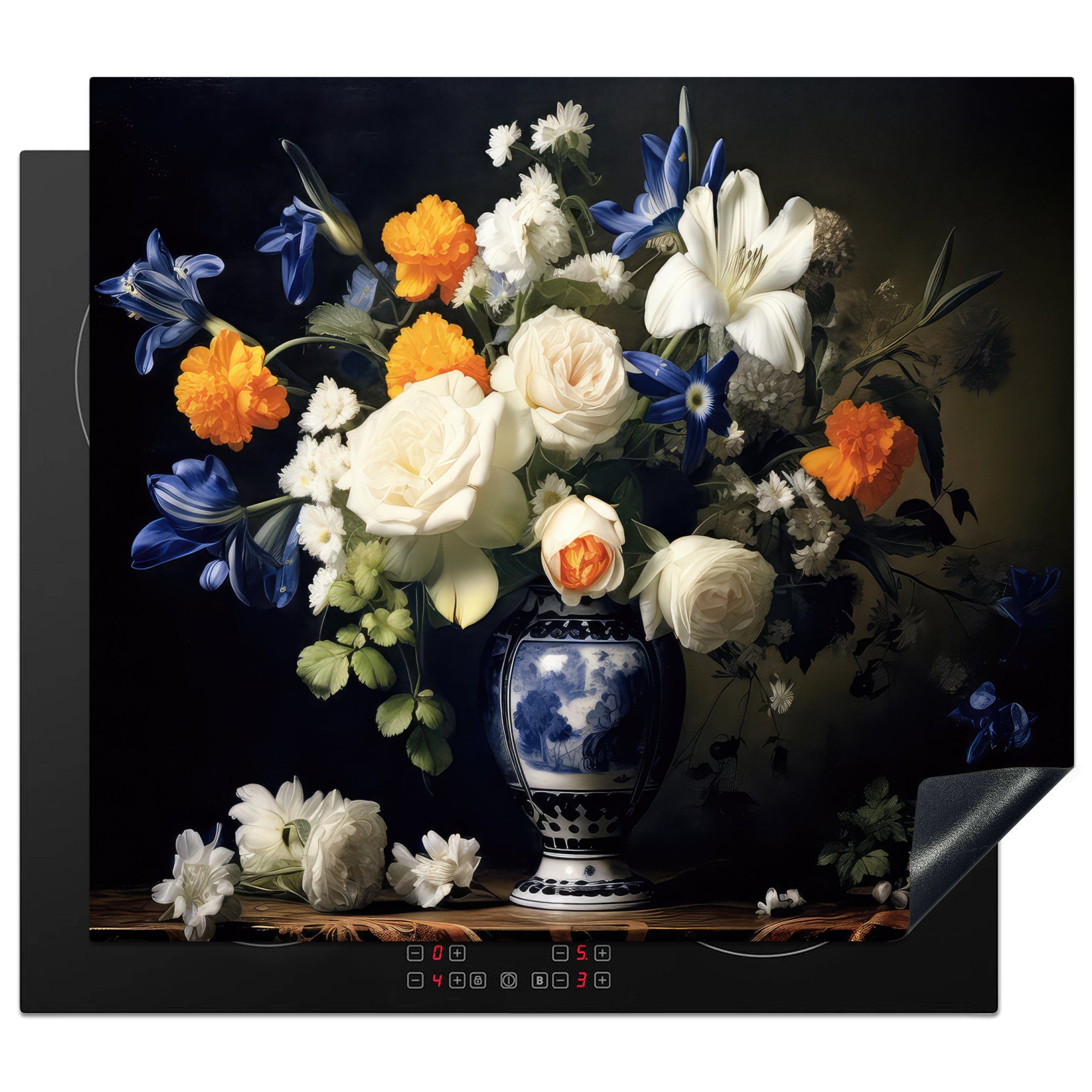 MuchoWow Herdblende-/Abdeckplatte Blumen - Stillleben - Rosen - Delfter Blau - Vase, Vinyl, (1 tlg), 60x52 cm, Mobile Arbeitsfläche nutzbar, Ceranfeldabdeckung