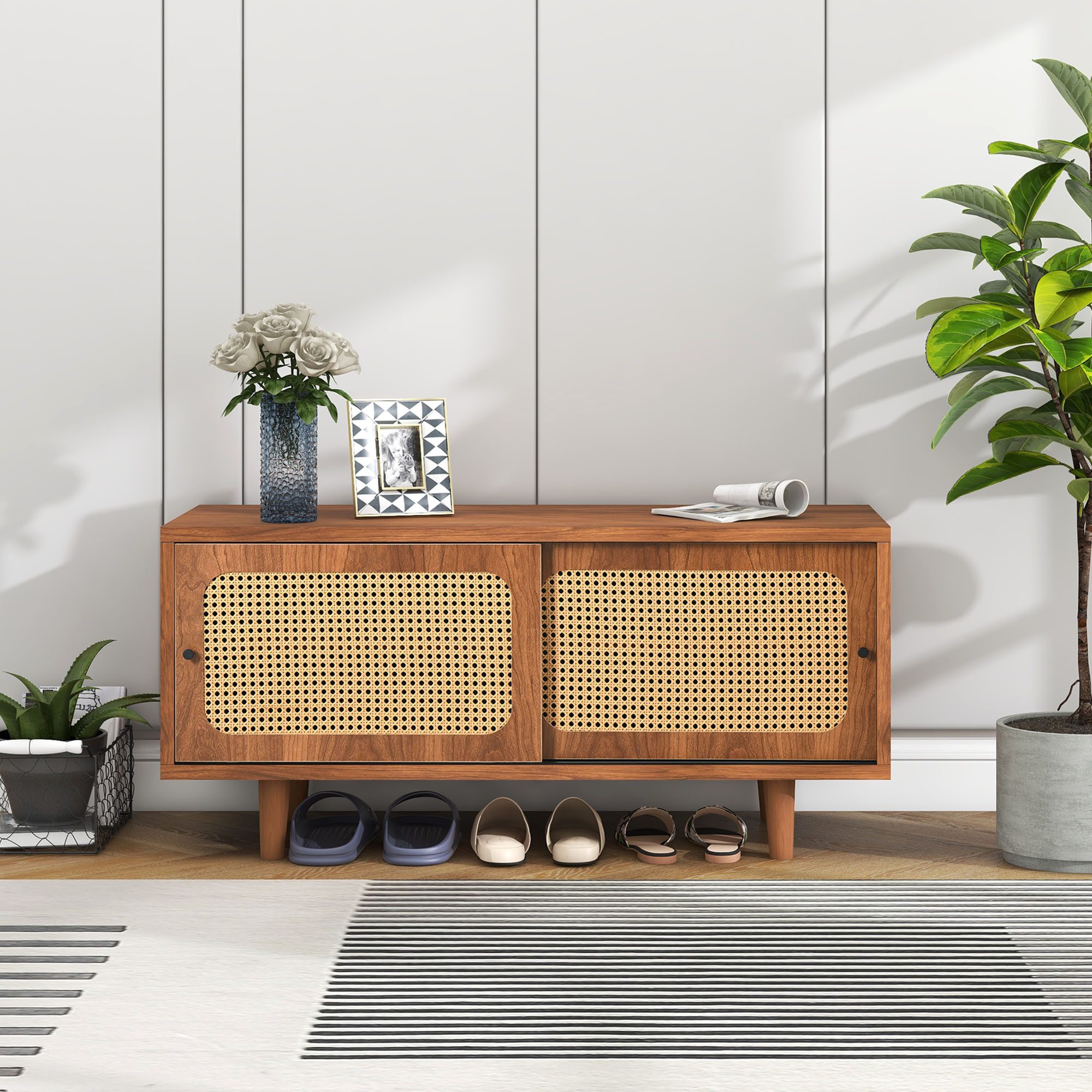 STILVORA Wohnzimmer-Set mit Rattantüren,Schuhschrank Schuhregal mit Ablage verstellbar, (mit 2 Türen mit verstellbare Ablage Walnussfarbe formschöner Schuhschrank, 1-St., Für Flur, Wohn- und Schlafzimmer), 104x40x48 cm